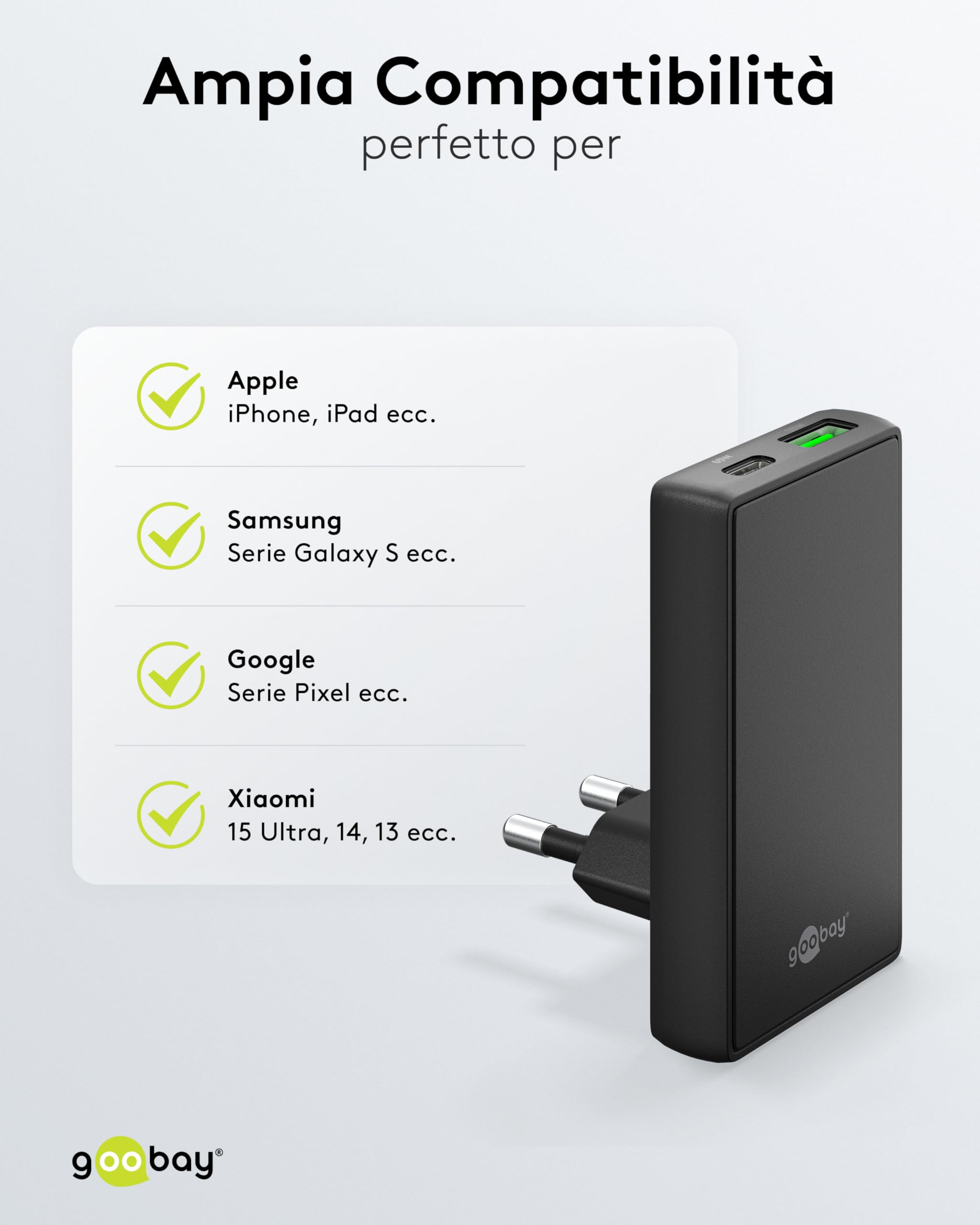 goobay GaN Caricabatteria da 65 W, con doppia porta (USB-C e USB-A), design piatto a 90°, ultra sottile e salvaspazio, per Apple, Samsung, Huawei, tablet ecc., nero,75723