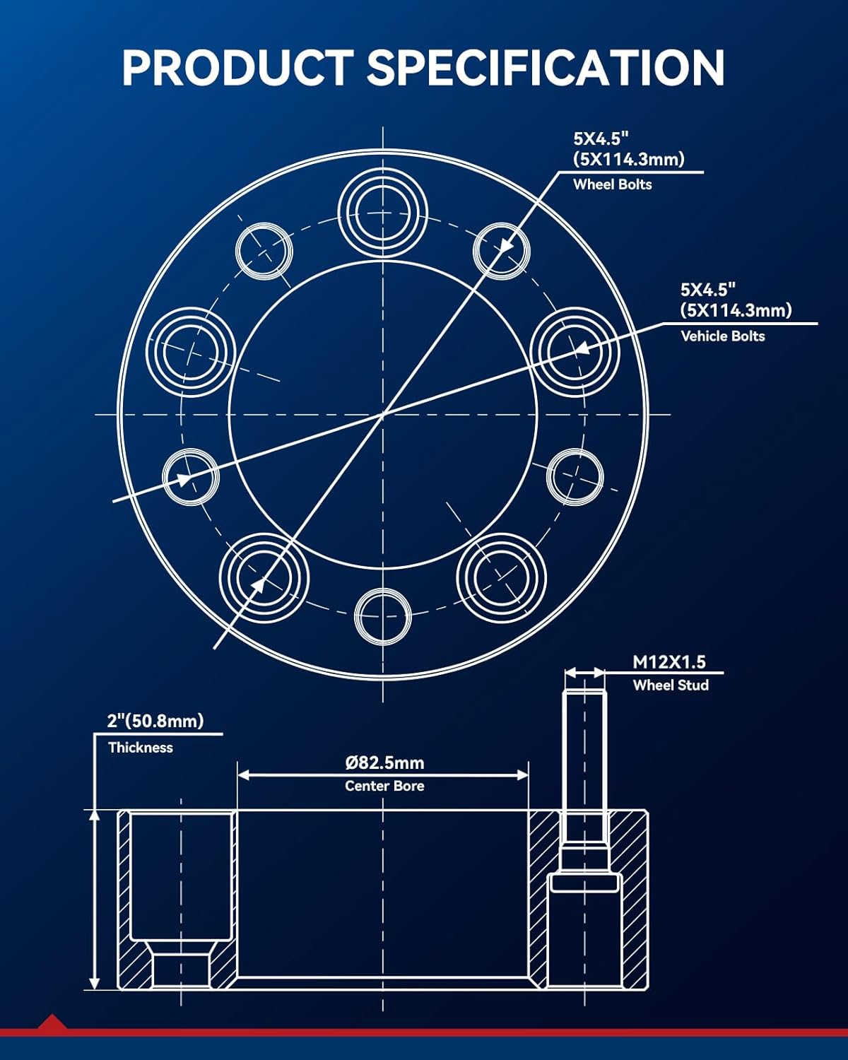 KAX 5x4.5 Wheel Spacers 2 inch for CR-V, Civic,5 Lug Spacers with 82.5mm Hub Bore M12x1.5 Studs for Accord, Fusion, CX-5, Sonata, RAV4, Escape,2Pcs 5x114.3mm Aluminum Tire Spacer