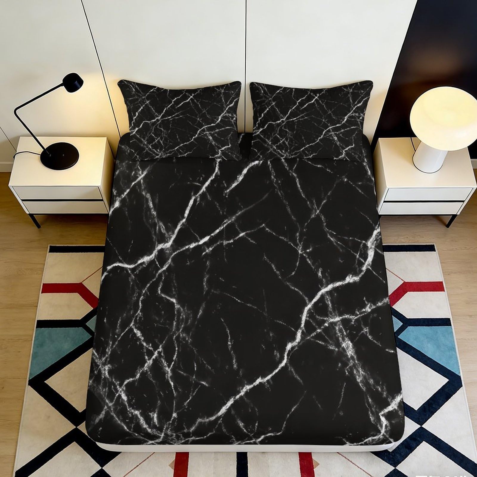 3D Printed Black Marble Fitted Sheet Microfiber Soft Bedroom Decor White Vein Bed Cover for Home Guestroom 90x200x25cm