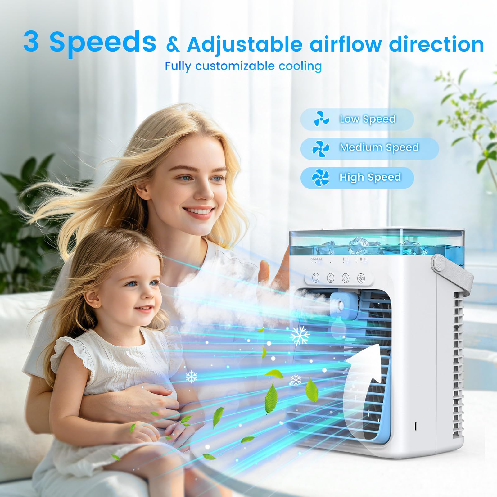 Aire Acondicionado Portátil Sin Tubo 4 en 1, Mini Aire Acondicionado Portátil, Climatizador Evaporativo USB, 3 Velocidades, 2 Modos Niebla, Depósito 1000ML, Temporizador 2/4/8H, Silencioso Ventilador