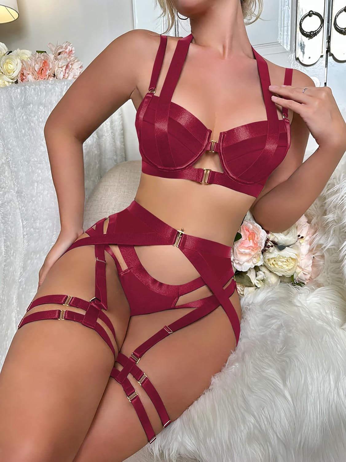 Lilosy Sexy Strappy Underwire Push Up Garter Belt Lingerie Set Harness Cutout Outfits Matching Bra Panty 3 Piece - Image 6