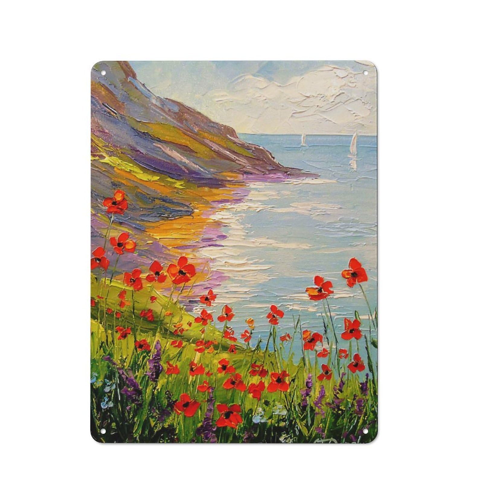 Junmoney Poppies By The Sea 40X30cm Retro Tin Sign With For Dining Room Or Kitchen, For Metal Sign Collectors, For Garage And Workshop Walls