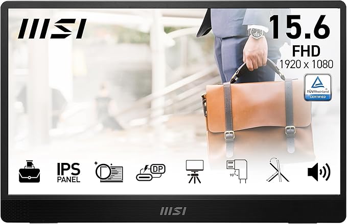MSI PRO MP161 E2U 15,6 Zoll Full HD Portabler Monitor - 1920x1080 IPS, 60Hz, augenschonend, für PC, Laptop, Mobil, Lautsprecher, verbessertes Gehäuse & Kickstand, Mini-HDMI 2.0b, 2 x USB Type-C