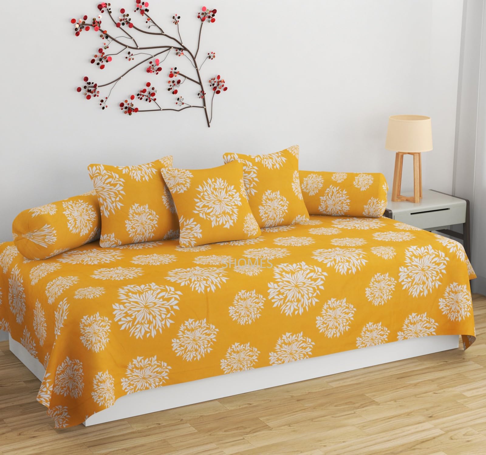 SHOMES 100% Cotton Feel Printed Diwan Set Covers 6 Pieces - 1 Single Bed Sheet (60 X 90) with 3 Cushion (16 X 16), 2 Bolster Covers (16 X 32) - Yellow-image-38