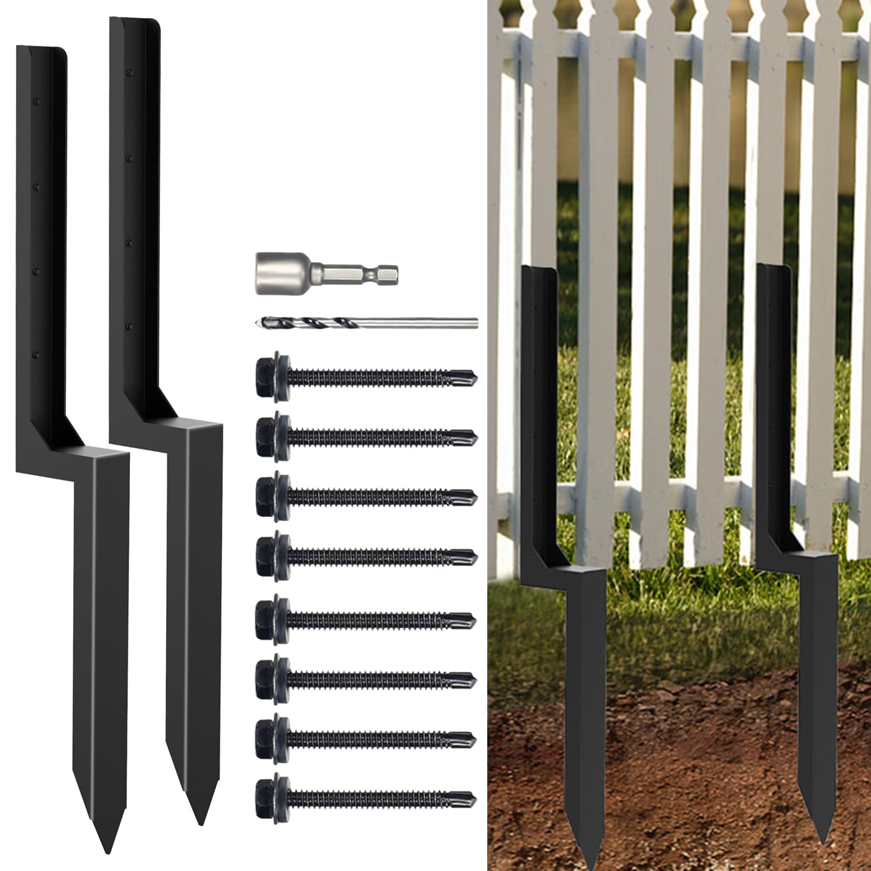 HNEDSEN 2 Pcs Heavy Duty Steel Fence Post Repair Stakes, Fence Post Anchor Ground Spike Metal for Repair Tilted, Broken Wood Fence Post