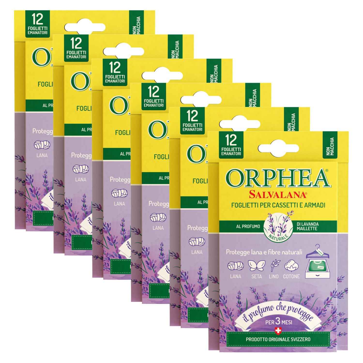 Orphea Salvalana, Foglietti Emanatori per Cassetti e Armadi, per Lana e Vestiti Tutta la Stagione, Profumo Lavanda, Confezione da 6 Pezzi