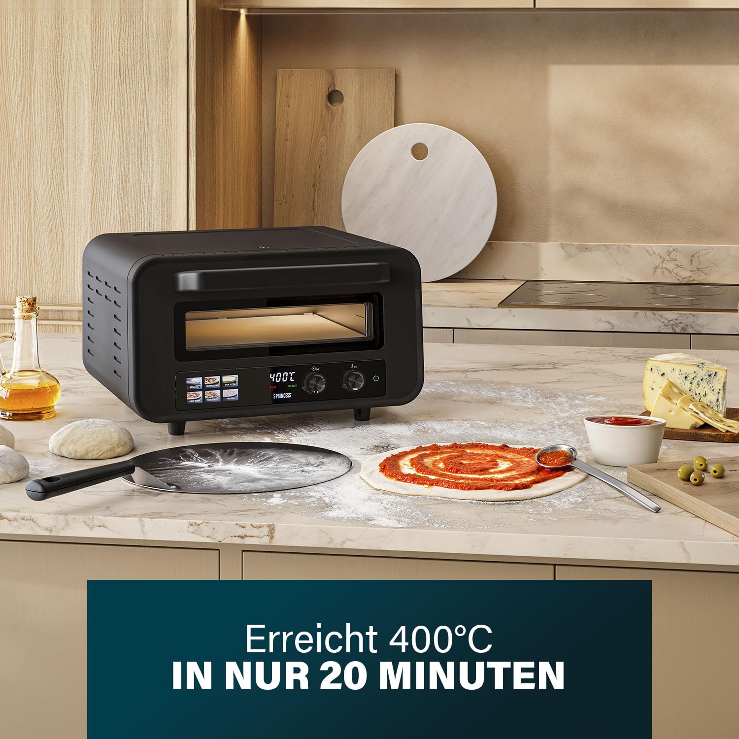 Princess Pizzaofen Pro Max, 15L, 400°C, Digitales Bedienfeld, 2100W, Pizzastein & Schaufel, Ober-/Unterhitze, Timer, Kühle Tür, Kompakt & Tragbar, Für Innen-/Außenbereich, 112780
