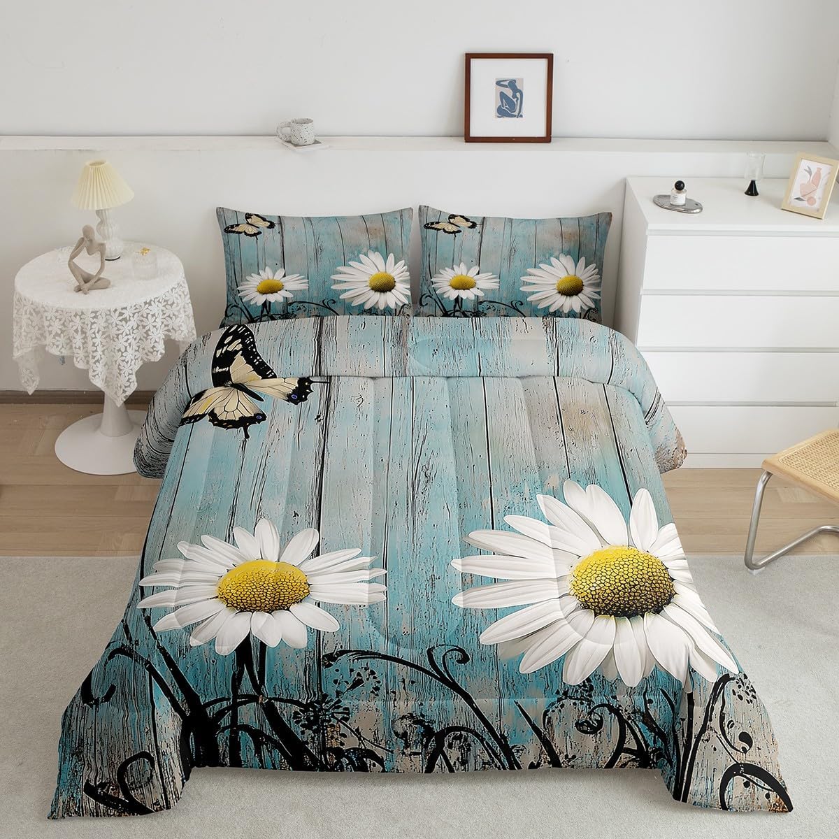 Erosebridal Daisy Comforter Set Queen Size, Rustic Down Comforter Floral Barnwood Bedding Set Old Wooden Garage Door American Country Farm Style Bedding Comforters with 2 Pillow Cases, 3Pcs