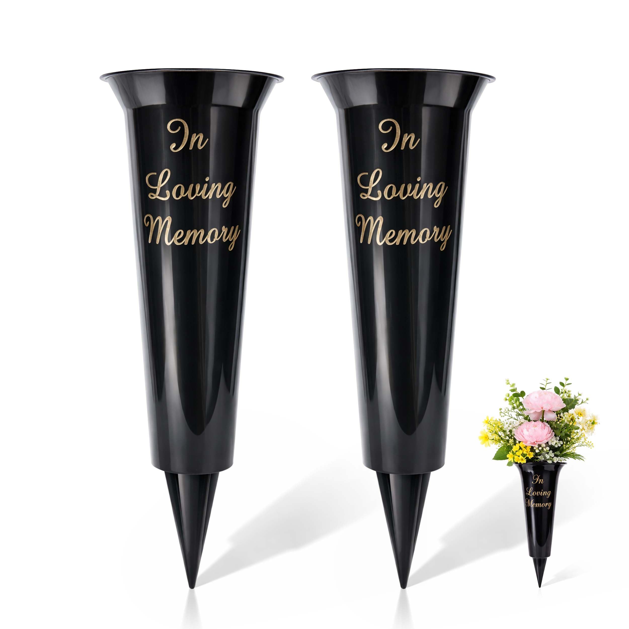 Set of 2 Grave Vases with Spike – Memorial Flower Pots for Graves, Plastic Cemetery Flower Holders, Large Vase for Graveside Flowers, Memorial Vases for Graves (Black)