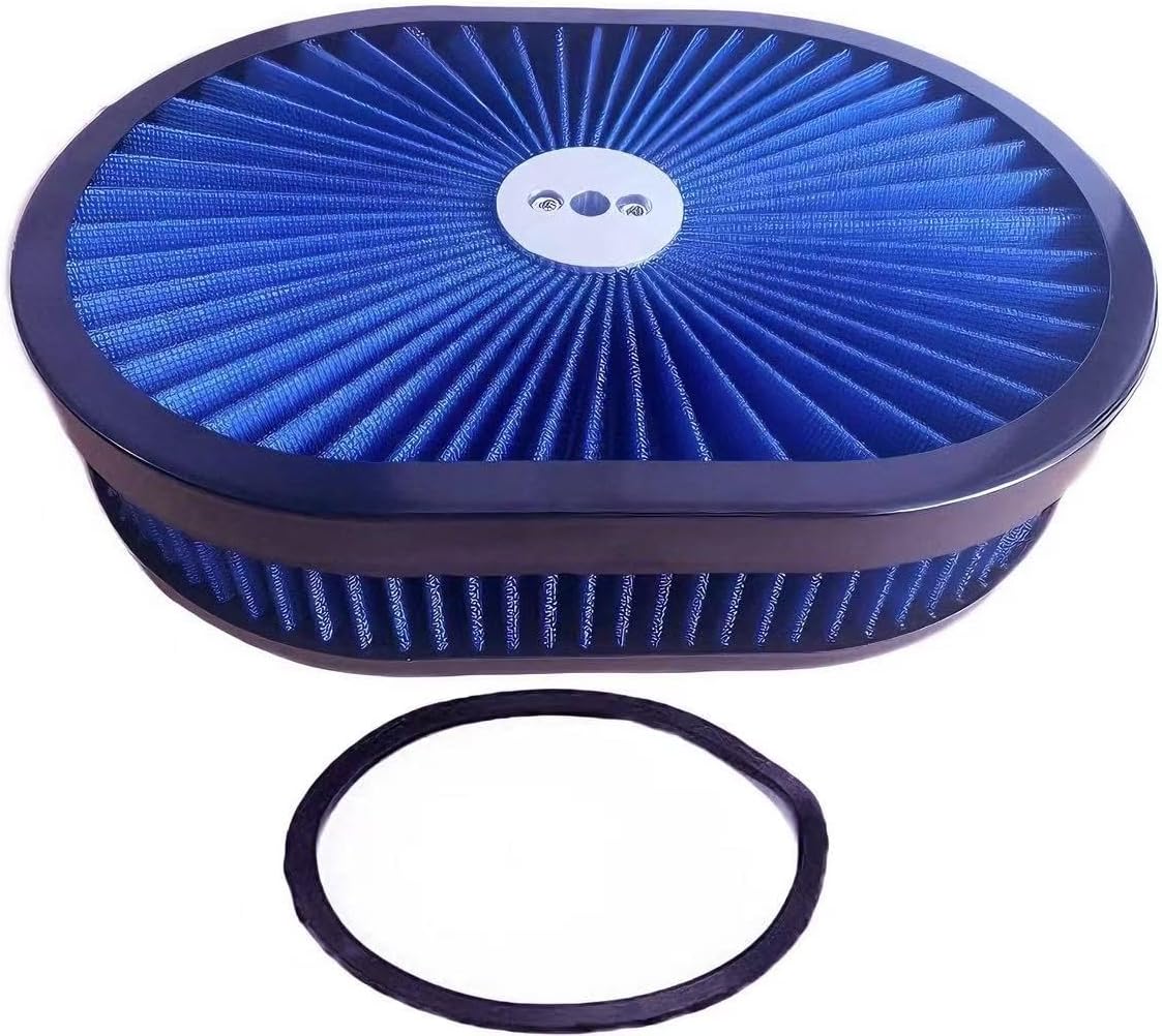 12"x2" Oval Air Cleaner Filter Assembly 5-1/8" Carb Neck w/Flow-Thru Lid High Flow Compatible For GMC Chevy Ford Chryler Dodge Fit For 5-1/8" carburetor neck (BLUE)