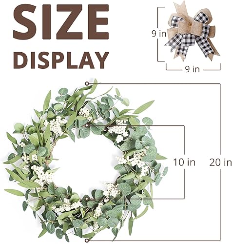 Miniatura 3 de Corona de eucalipto artificial para puerta delantera, corona de hojas verdes de 20 pulgadas para ventana, hogar, porche, granja, patio y jardín,