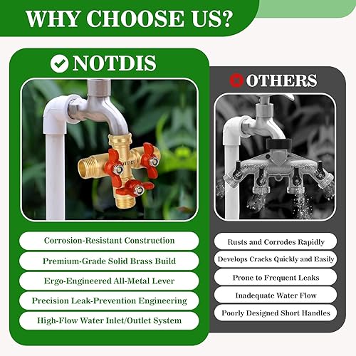Miniatura 3 de Divisor de manguera de 3 vías, válvula divisora de manguera de 3 vías de latón macizo de alto volumen con mango de metal, divisor de espiga de alto