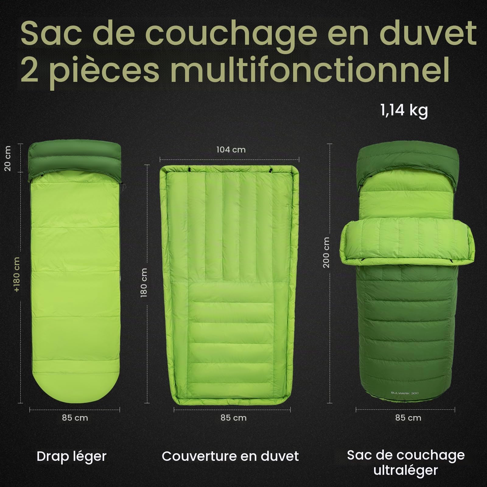 ATEPA Sac de Couchage en Duvet pour randonnée ultraléger 650 FP, -6,7 °C/-1,1 °C 4 Saisons, 2 pièces, matériau Recyclable, avec Sac de Compression, Couverture (Vert)