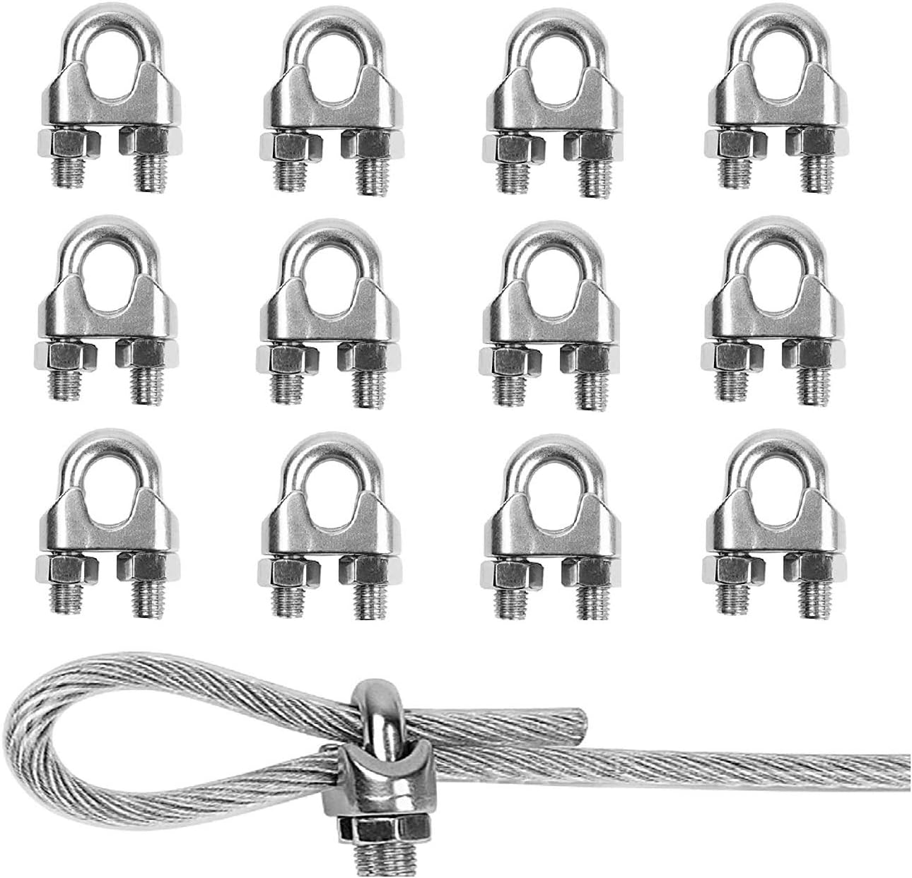 TERF® 12 Pcs Wire Rope Clip Clamps M3 for Ø 3mm (1/8") Rope Cable Grip Galvanized Steel U Bolt Saddle Fastener for Rigging and Tension Cable