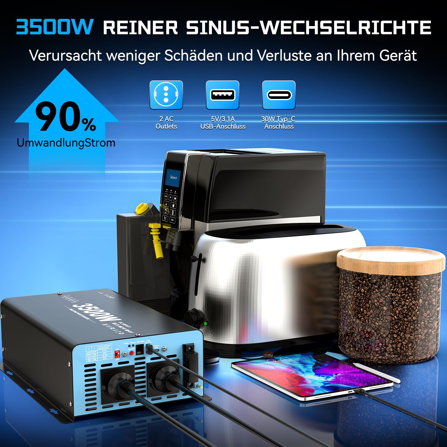 OLTEANP 3500W/7000W Wechselrichter 12V auf 230V Reiner Sinus Spannungswandler Power Inverter mit 2 AC Steckdosen,Type-C&USB Anschlüsse,LCD-Bildschirm-Fernbedienung,Für Wohnmobil Wohnwagen