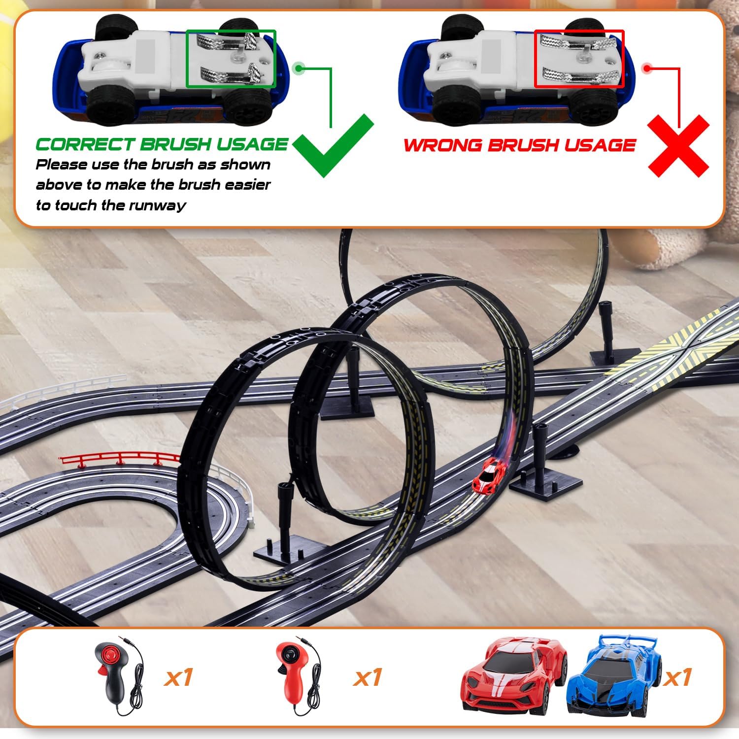 Diagram illustrating the correct and incorrect way to position the car's brushes for optimal track contact.