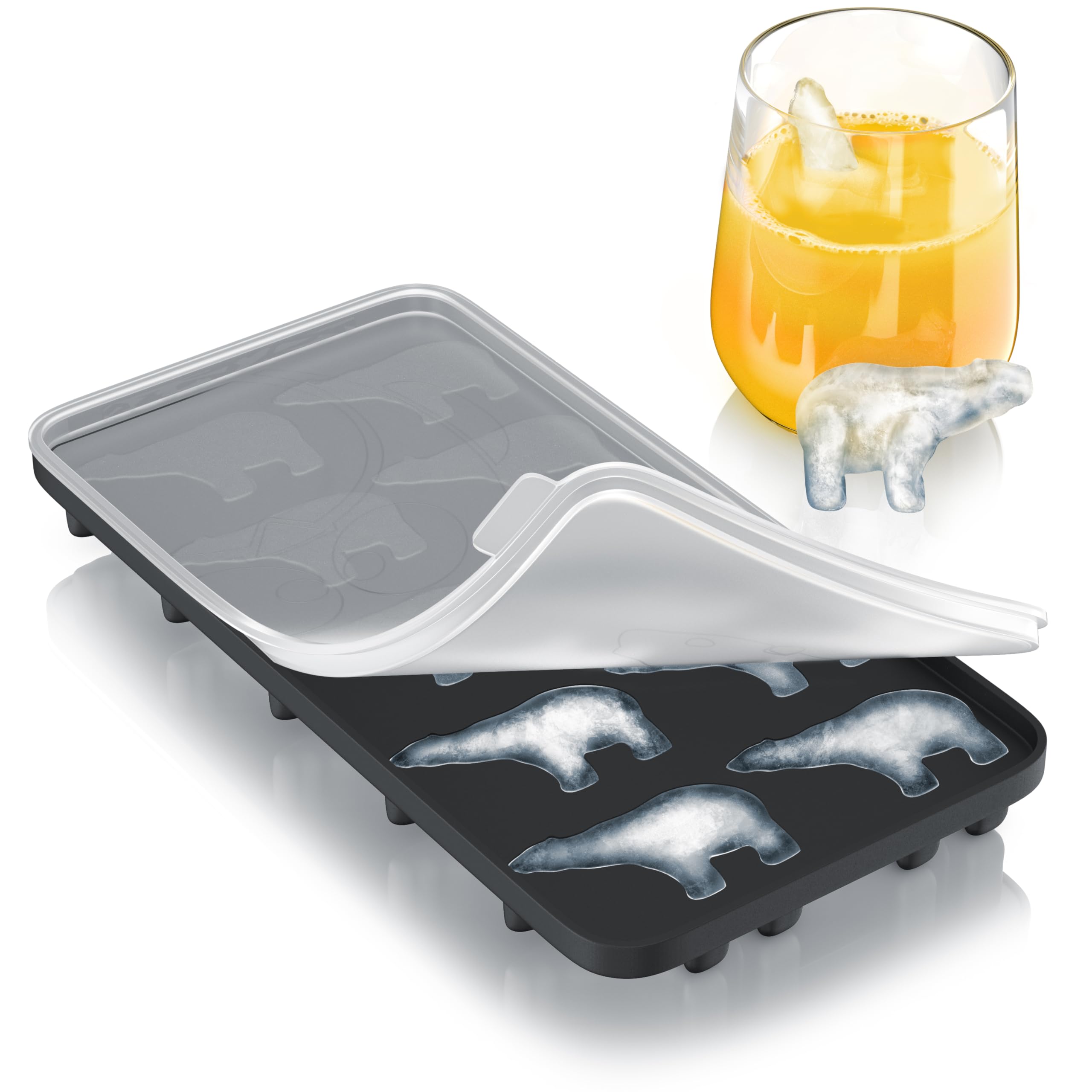 Silicone Ice Cube Tray with Lid, 10x 5,5 cm Polar Bears Shaped Ice Cube Moulds, Ice Cube Maker, Ice Tray for Freezer Easy to Remove Ice Cube, Dishwasher Safe, for Cocktails Whisky Wine Fruit Purées