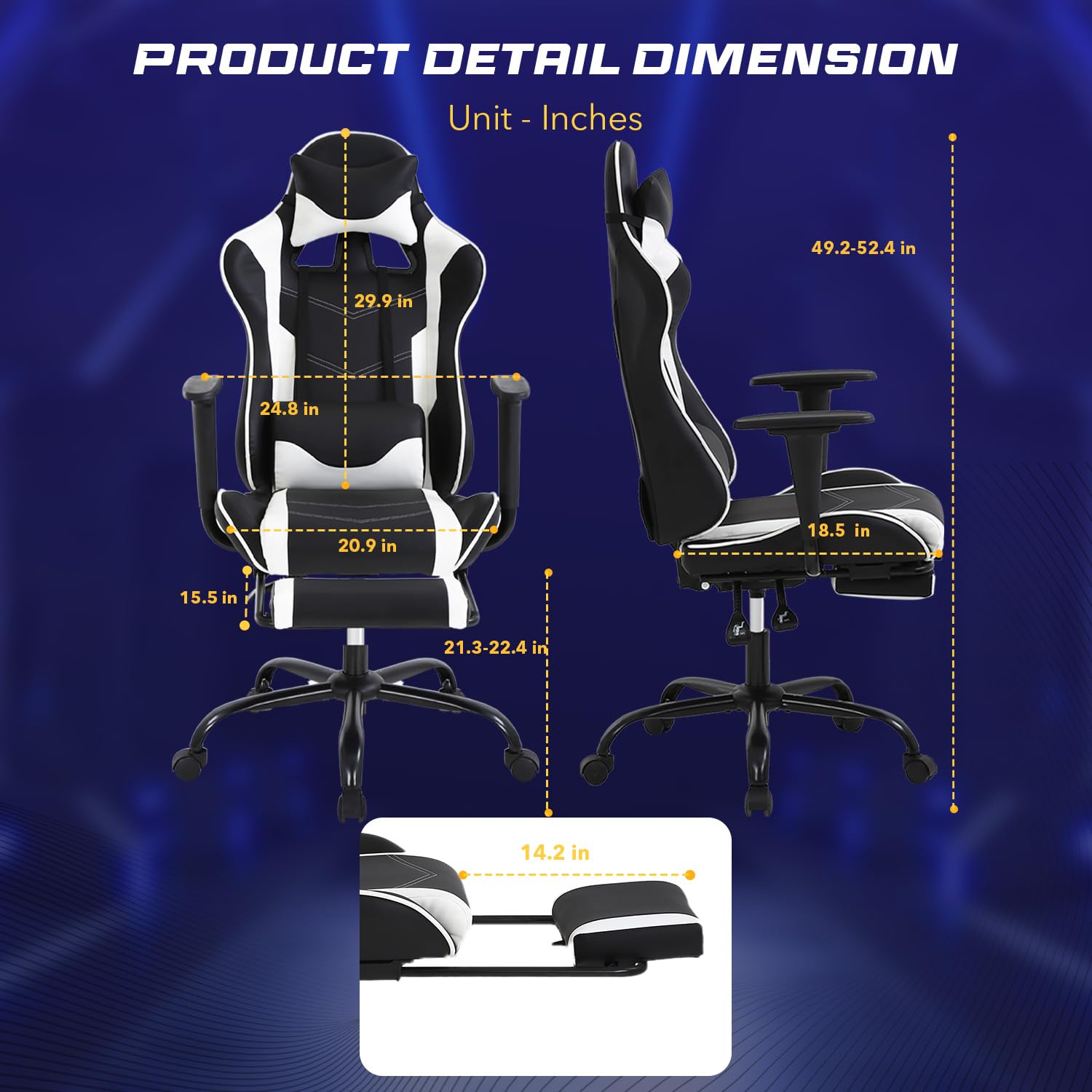 Luxvie Gaming Chair With Footrest High Back Ergonomic Gamer Chair Headrest Massage Lumbar Cushion Racing Reclining Video Game Chair Adults Black