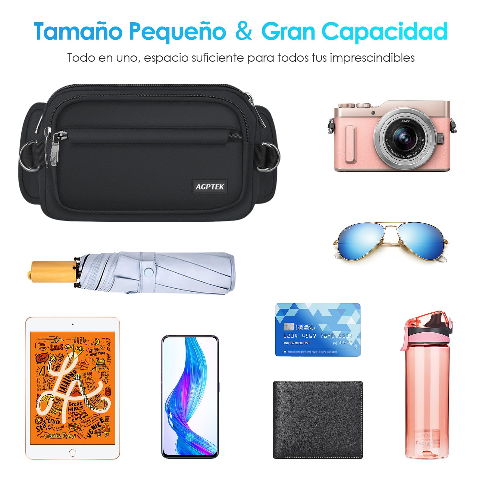 AGPTEK Riñonera Deportiva Hombre y Mujer con 5 Bolsillos, Riñonera Grande de Trabajo, Riñonera Antirrobo RFID con Cinturón Ajustable para Running, Viaje y Camping