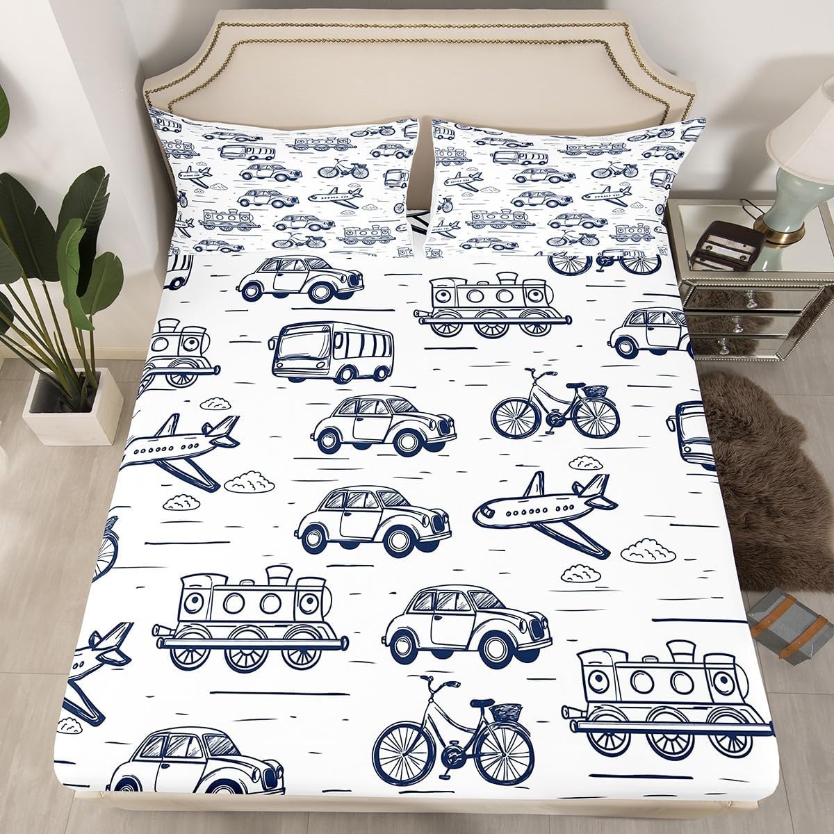 Construction Truck Bed Sheets Full,Cartoon Tractor Fitted Sheet Excavator Bed Set,Cute Vehicle Toddler Bedding Set Kawaii Room Decor,Teal Blue