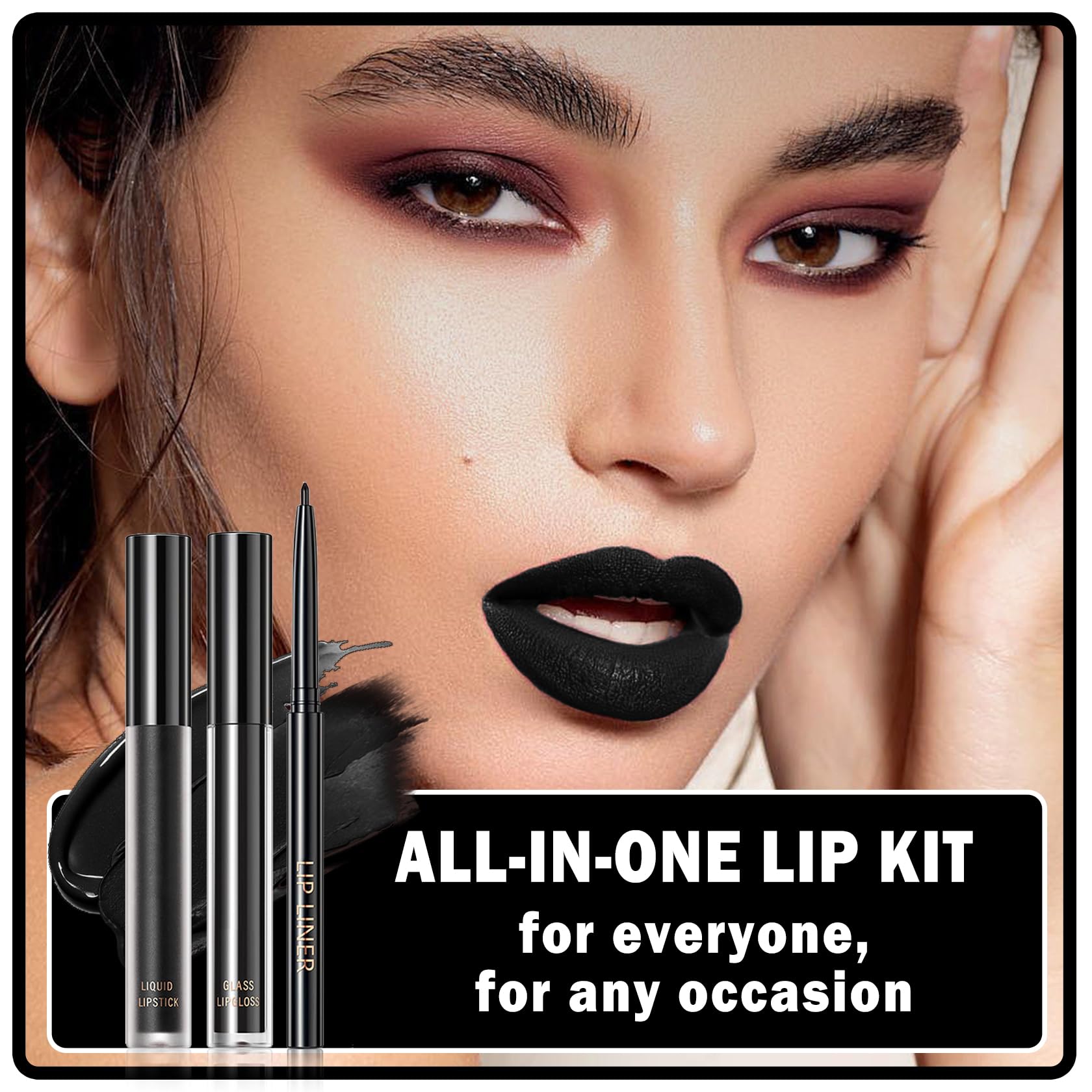 QIUFSSE 3 in 1 Black Lip Liner Pencil and Lipstick lipgloss Set Matte Black Lipstick Lip Gloss Kit Long-lasting Nonstick Cup Smudge Proof Lip Kits with Lip Liner,Velvet Goth Makeup (): 12#Black Magic