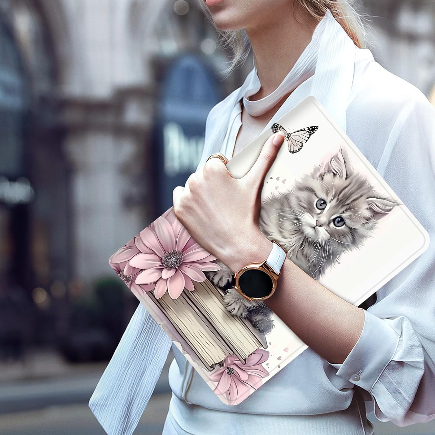 Case for All-New Amazon Kindle Fire HD 8 & 8 Plus Tablet(12th/10th Generation, 2024/2022/2020 Release) 8" Slim PU Leather Adjustable Smart Shell Cover with Auto Wake/Sleep, Cute Cat Butterfly