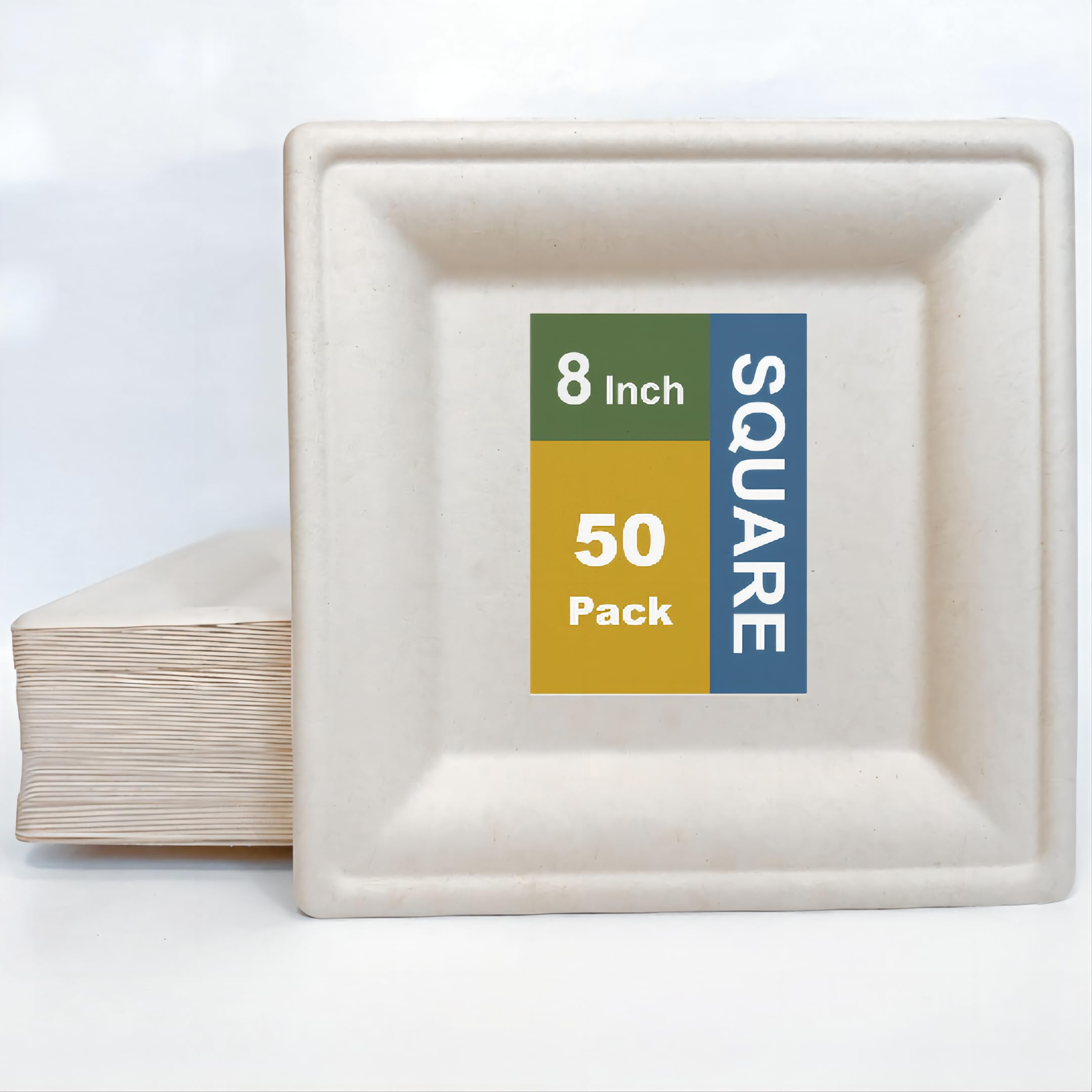 EcoHousing 100% Biodegradable Square Disposable Paper Plates [8*8 Inch, 50 Pieces], Microwavable and Eco-friendly, Sturdy, Perfect for Dinner, Dessert, Made of Bagasse Cane Fibers, Hot or Cold Use