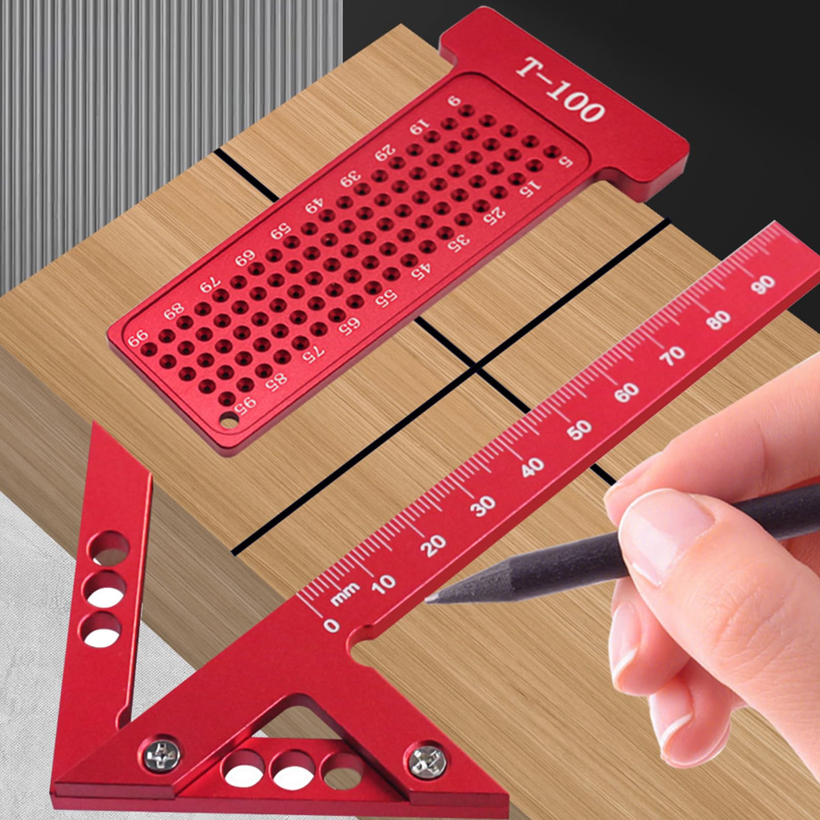 Juego de herramientas para carpintería, regla de aleación de aluminio y medidor de agujeros en forma de T, compacto y práctico para mediciones precisas, instrumentos de medición portátiles