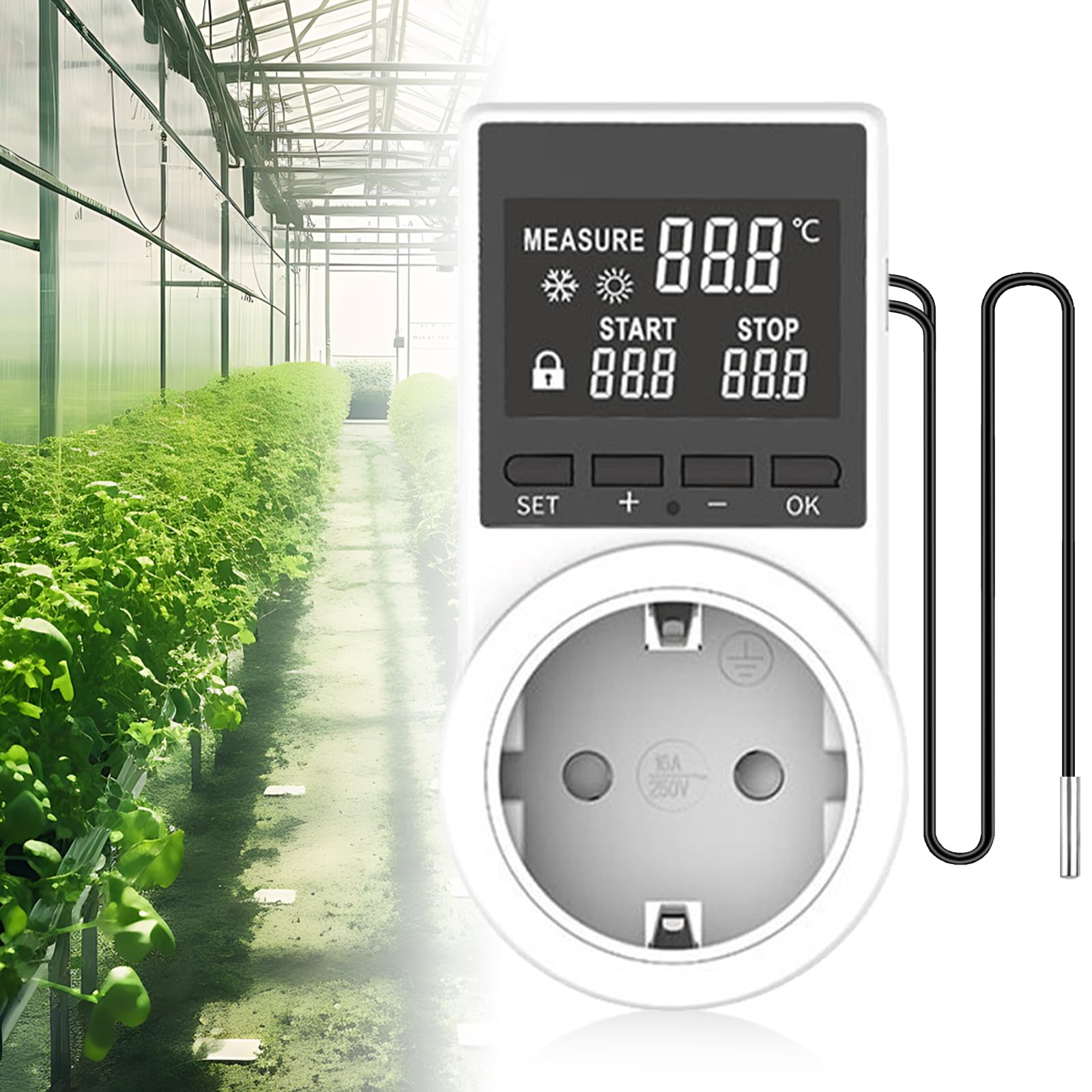 Thermostat Steckdose Digital Zeitschaltuhr Heizung Kühlung 2m Kabel Wasserdicht LCD Sonde für Gewächshaus Aquarium