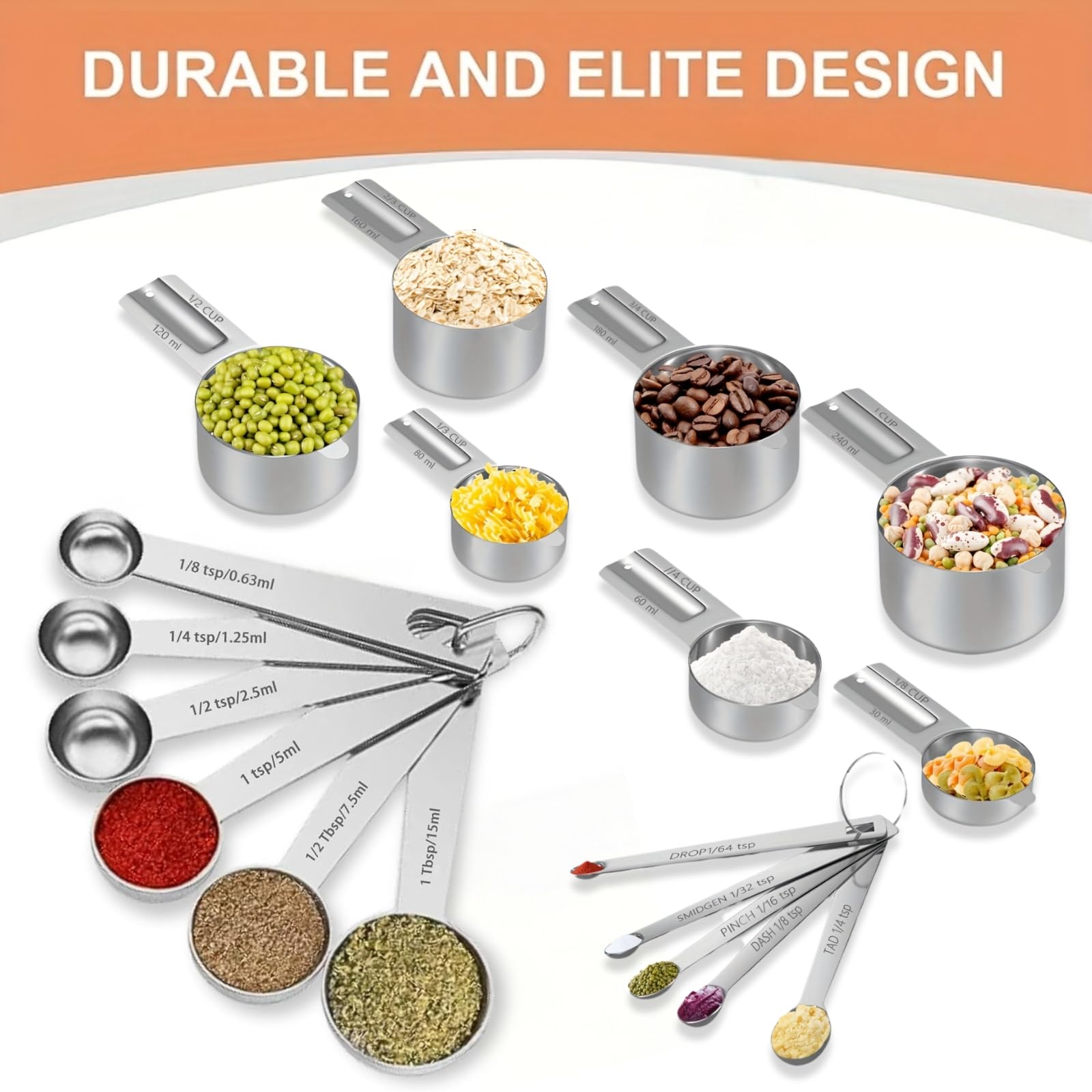 18PCS Measuring Set, Include 7 Nesting Cups, 6 Measuring Spoons & 5 Mini Spoons, Stainless Steel Metal Set - Image 2
