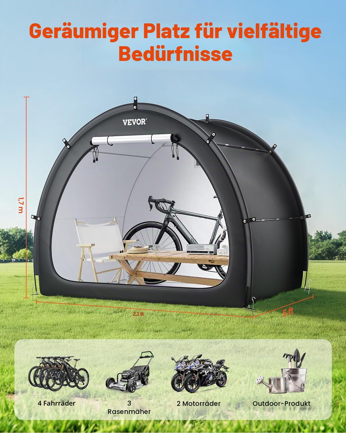 VEVOR Fahrradzelt, 4 bis 5 Fahrräder, geräumige Fahhrradgarage mit belüftetem Fenster, fächerförmige Fahrradschuppe mit hochfestem Fiberglas & Doppelreißverschlüssen, 2190x1550x1730 mm