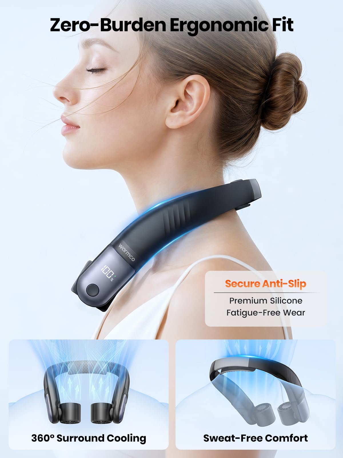 Warmco Ventilador de cuello de 10000 mAh, batería de 30 horas, ventilador portátil de 4 velocidades, doble flujo de aire de 60°, manos libres, para camping, gimnasio, viajes y al aire libre