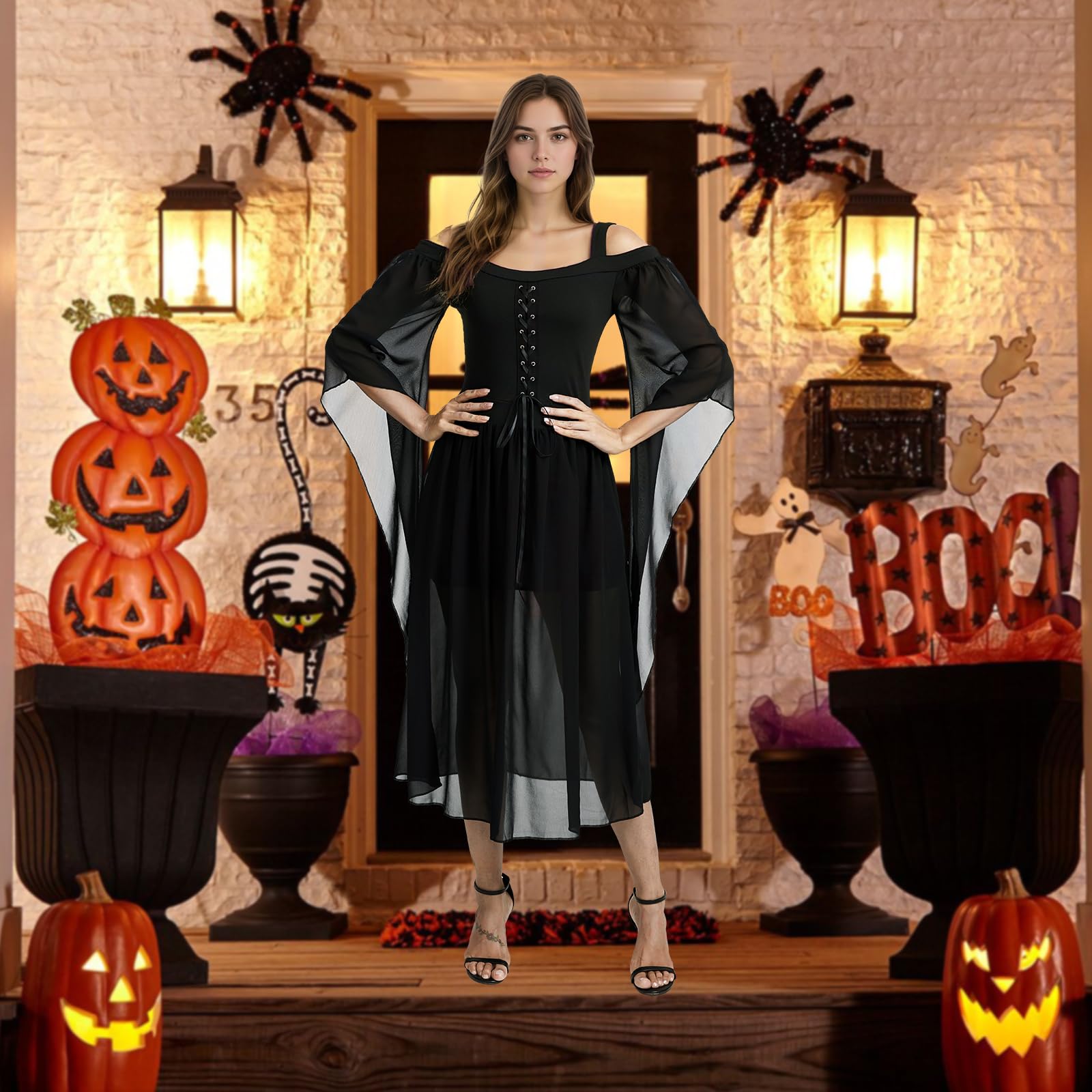 Costume medievale da donna, abito gotico da donna, con maniche a tromba, corsetto rinascimentale costume per abito nero, Halloween