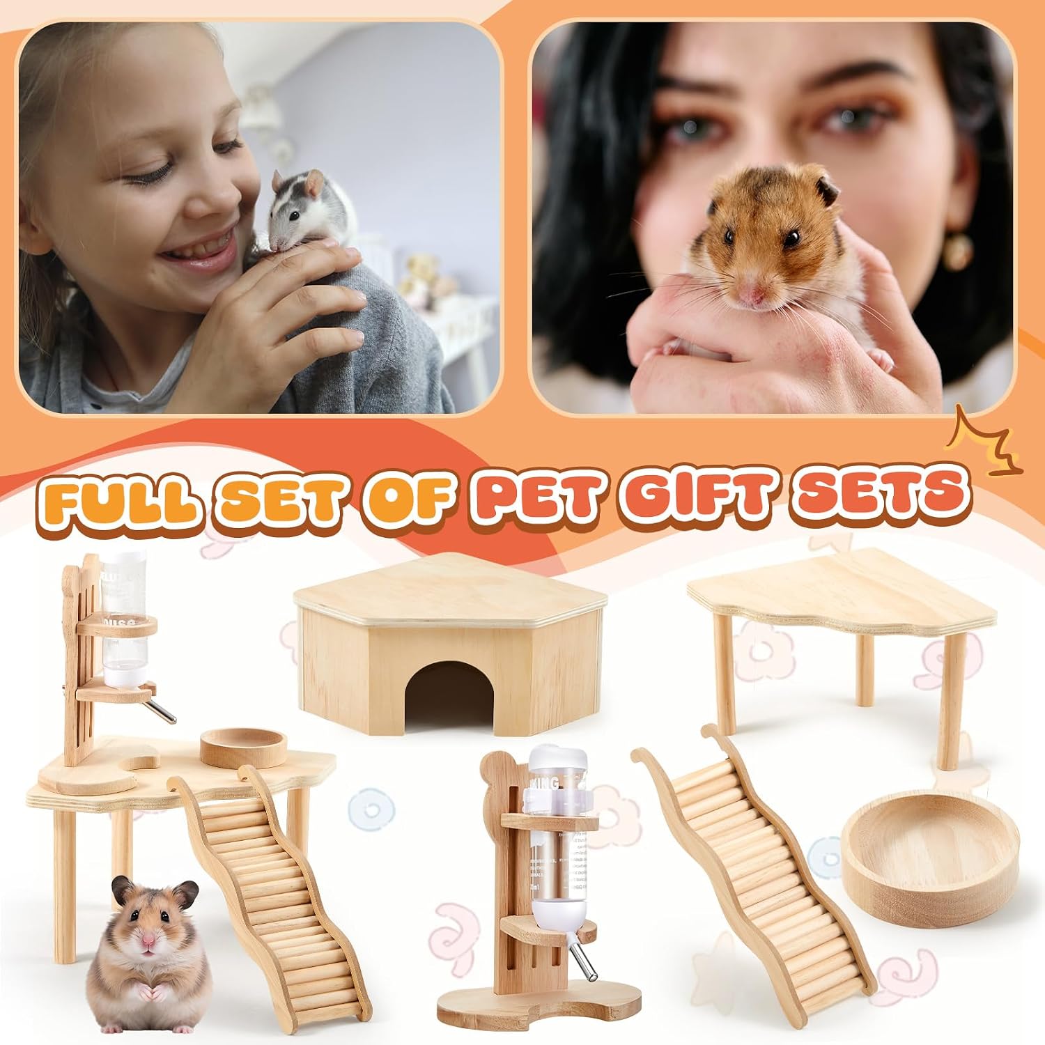 5 Pcs Hamster Cage Accessories, Wood Hamster Play Wooden Platform Water Bottle with Stand Climbing Set for Rat Mice Small Animals Pets Habitats Woodland Decor(Scalloped Platform)