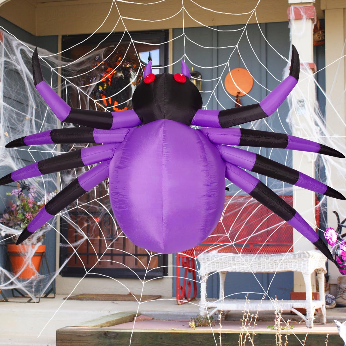 COMIN Nadmuchiwane materiały halloweenowe o szerokości 2,5 m, dekoracje zewnętrzne, pająk, wysadzane podwórko, dekoracja z wbudowaną diodą LED, na podwórko, ogród, imprezę, trawnik (fioletowy)