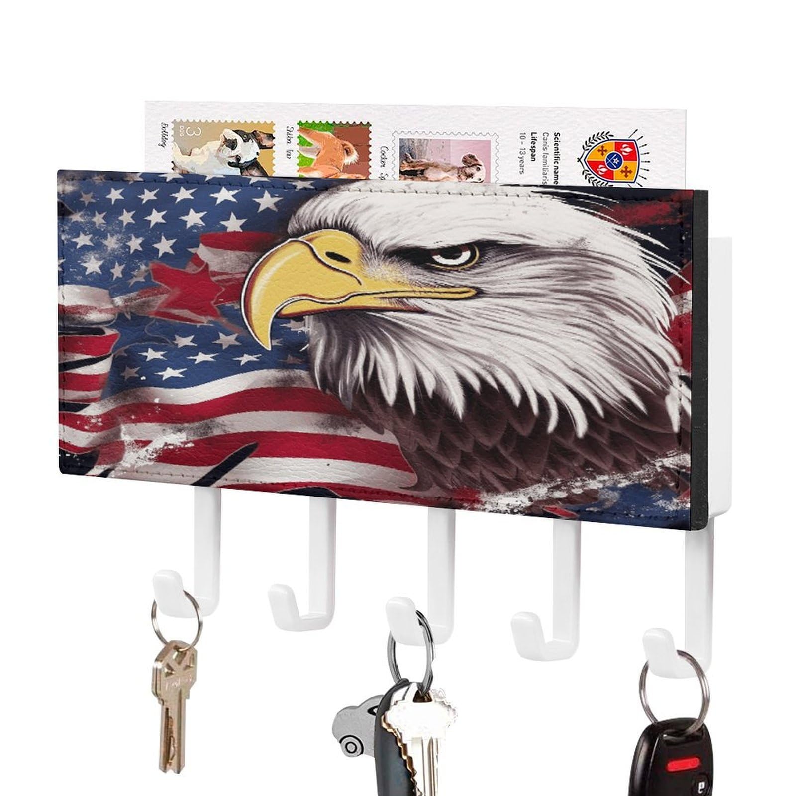 Vstadank White-Style America Us Flag Bald Eagle Key Holder For Wall Mount With 5 Hooks Decorative Key And Mail Holder Farmhouse Wall Hooks With Shelf Pu Leather Key Rack With Mail Holders For Entryway Home