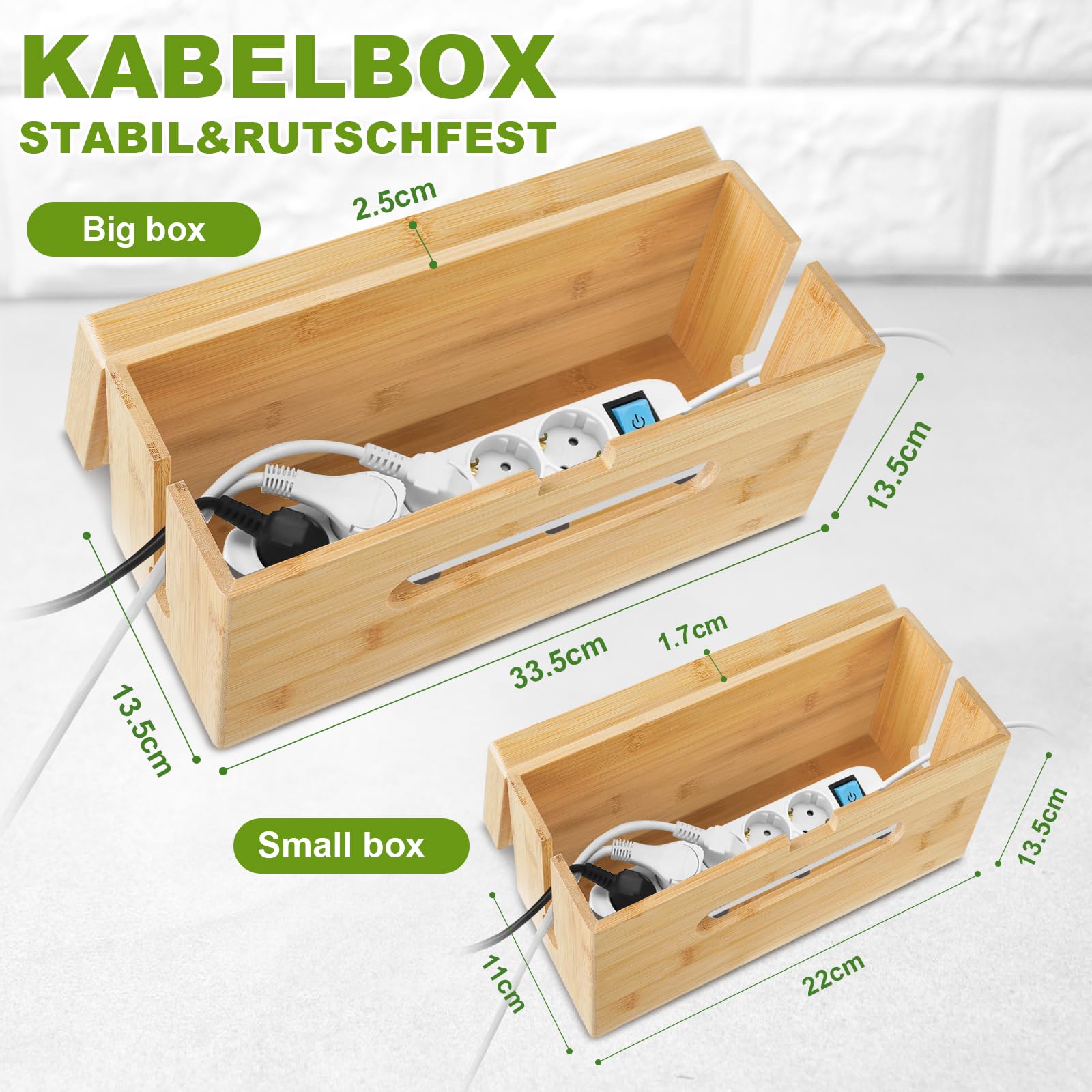 Caja de cables de madera [juego de 2 | grande y pequeño] de bambú sostenible – Caja de gestión de cables para ocultar cables enredados – Caja de enchufe colector de cables, caja organizador