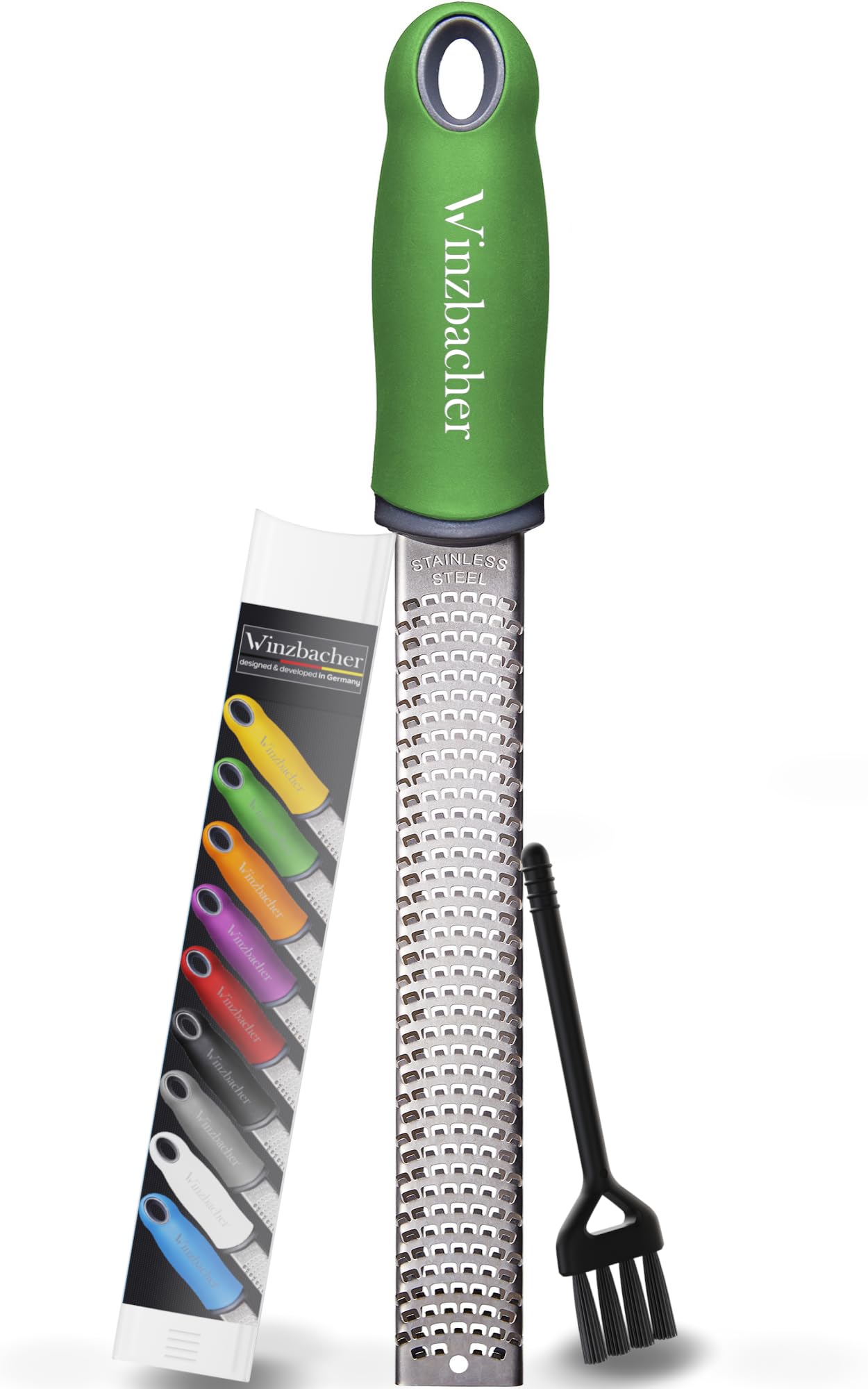 Winzbacher® - Premium Zester Reibe I Parmesanreibe, Zitronenreibe, Muskatnuss Reibe, Ingwerreibe u.v.m. I rasiermesserscharfe Edelstahl Klinge I Spülmaschinenfest I inkl. Schụtz & Reinigungsbürste