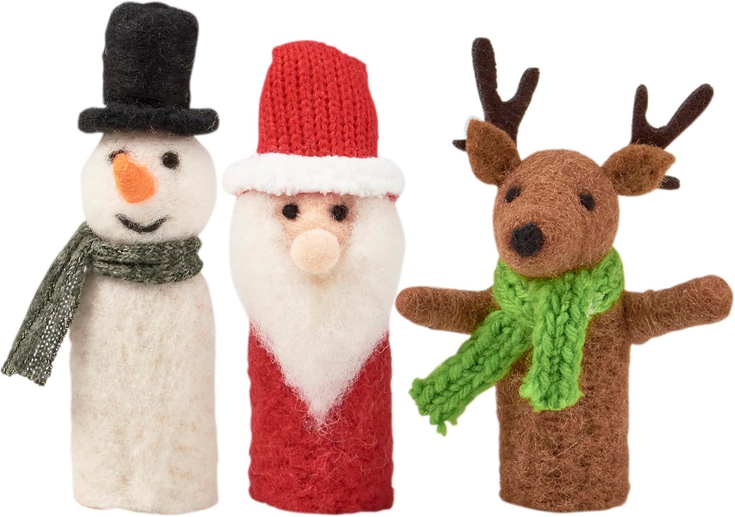 Handcrafted Wool Christmas Finger Puppets – Santa, Snowman, & Reindeer Set (Eco-Friendly, 6-Inch) – Festive Holiday Decor, Stocking Stuffers, & Kids' Play by Christmas Market Ornaments (3 Pieces)