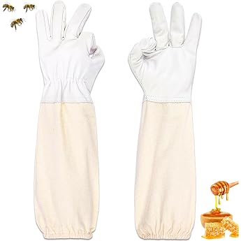 ZONSUSE Beekeeper Goat Leather Gloves Beekeeper Protective Gloves with Long Sleeves Made of Canvas Work Gloves for the Garden Compatible with Bee Protection Suits Beekeeping Equipment White