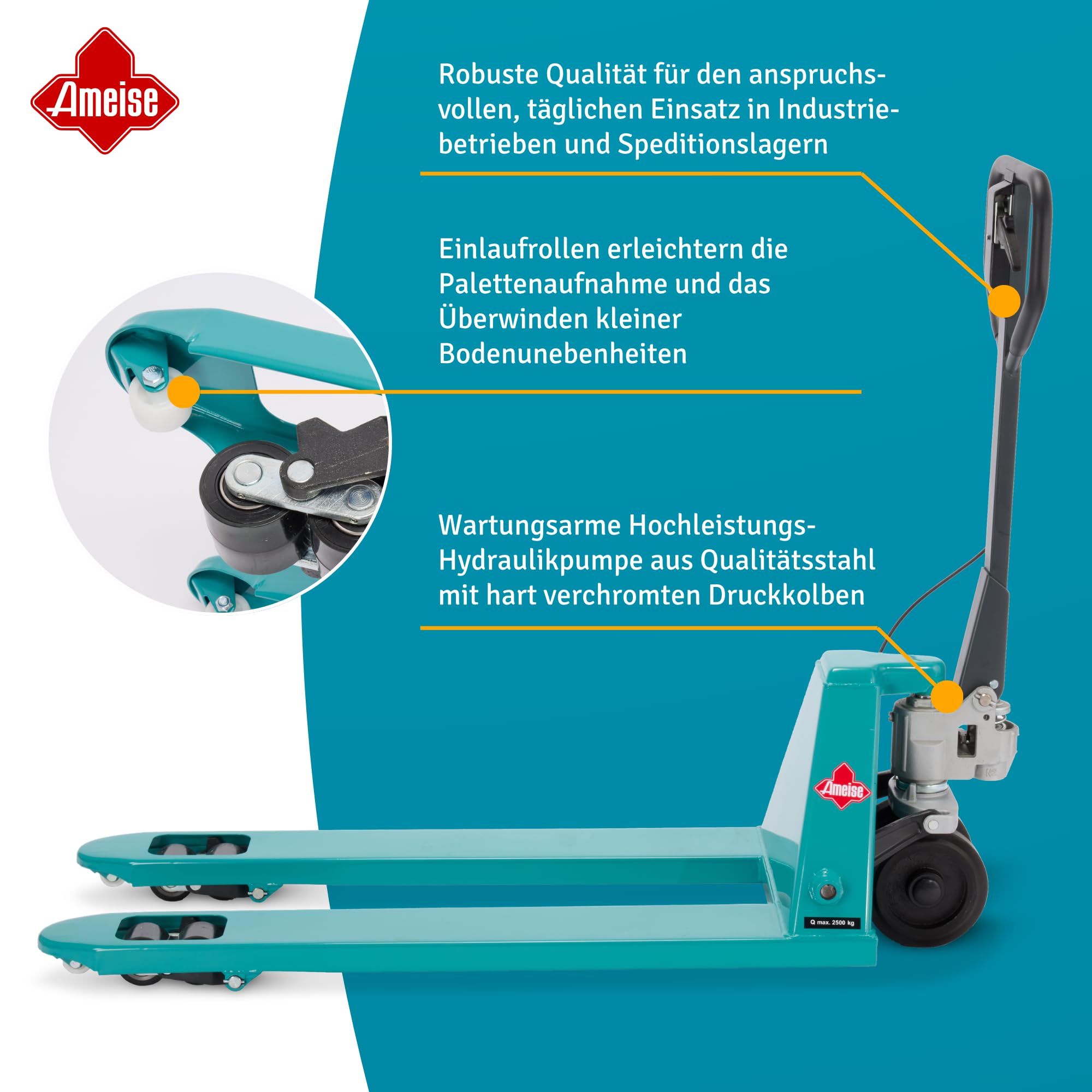 Ameise Hubwagen PTM mit Handbremse | 2.500 kg Tragkraft | 1.150 mm Gabellänge | Lenkrad aus laufruhigem Vollgummi | Tandem-Gabelrollen aus robustem Polyurethan | Palettenhubwagen für Rampeneinsatz
