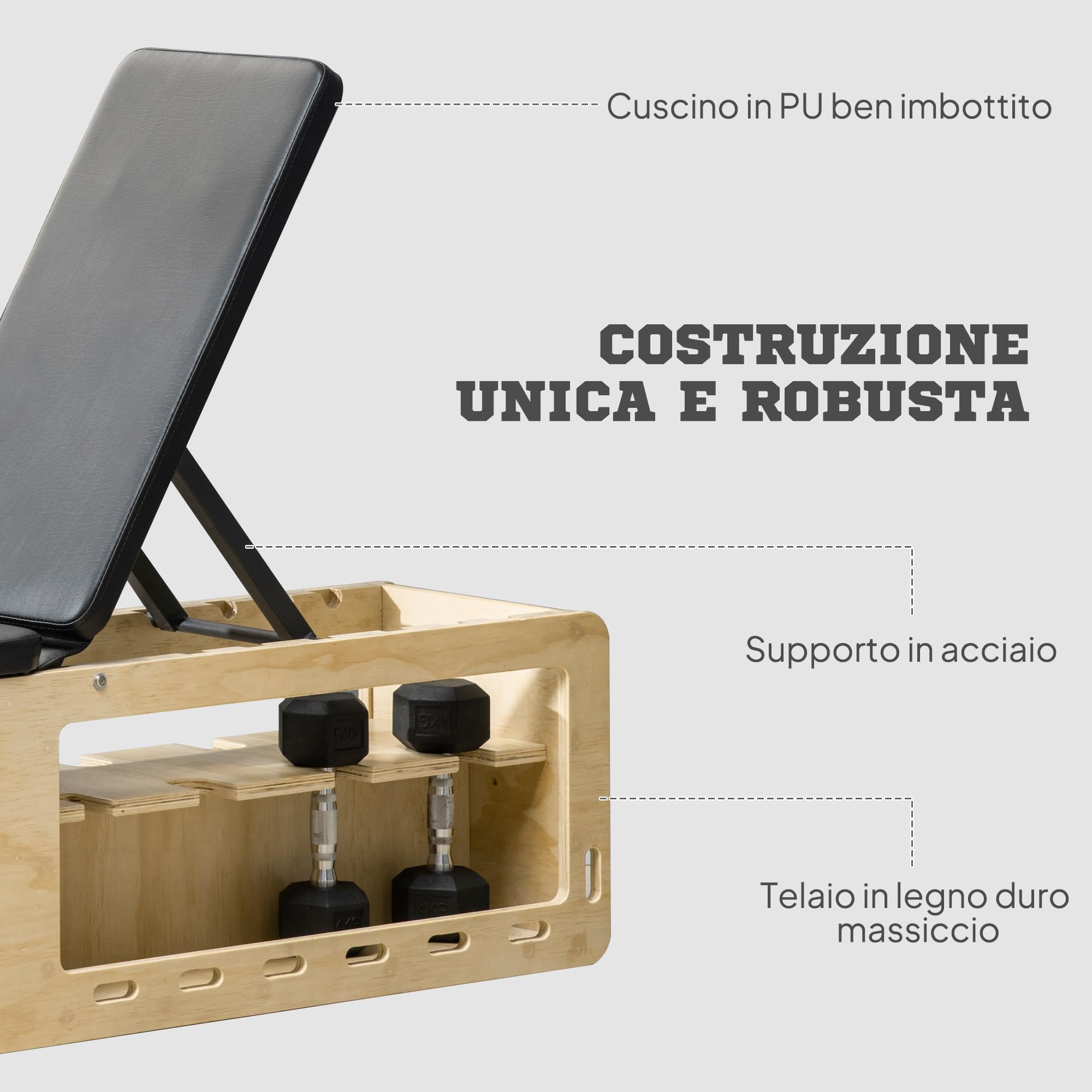 HOMCOM Panca Palestra con Schienale Regolabile a 6 Livelli, Panca Addominali Multifunzione Inclinabile, con Vano Contenitore e Rack per Pesi, Bande di Resistenza, per Allenamento Casa, Color Legno