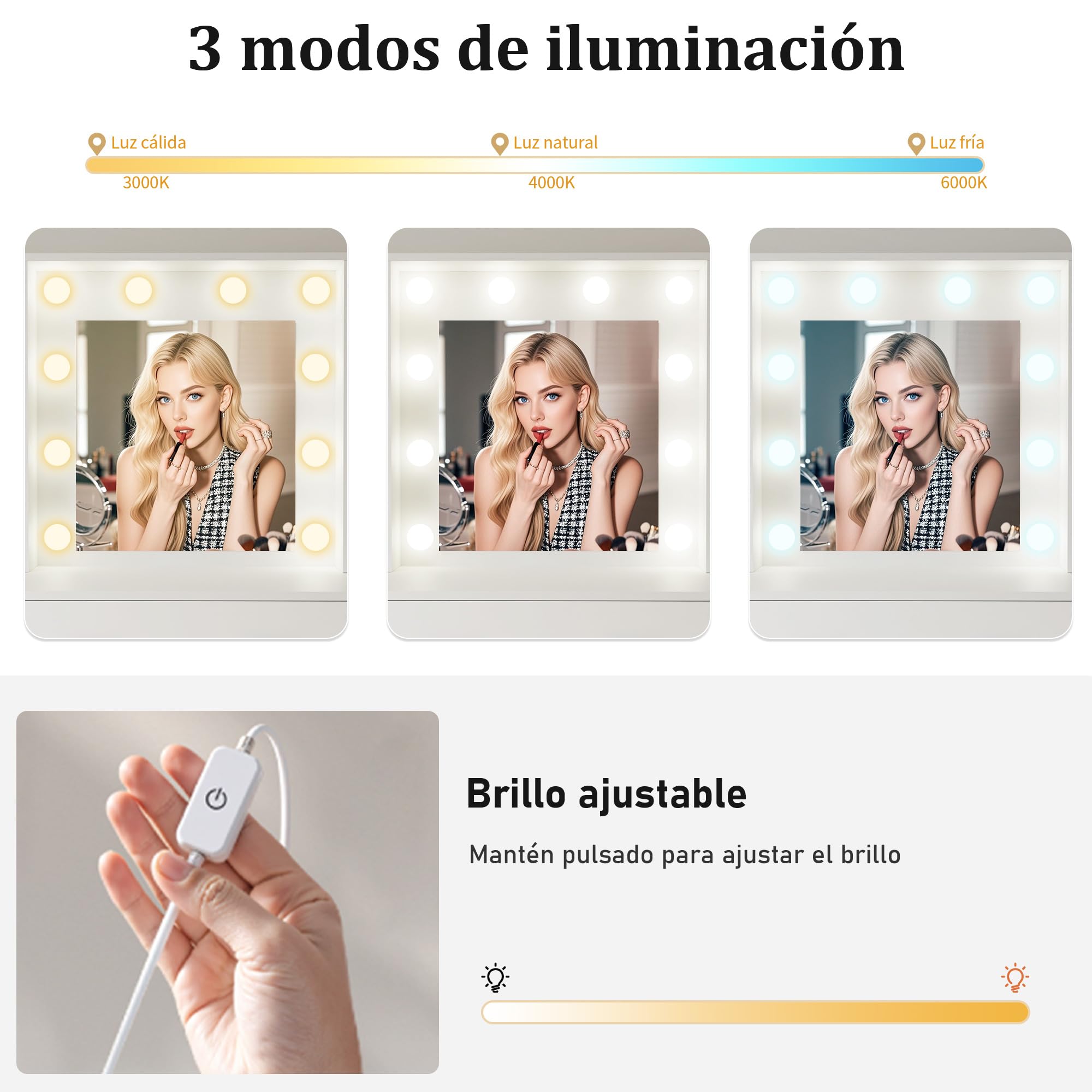 Tocador con Espejo y Luces, Mesa de Maquillaje Grande de 124 cm con 7 Cajones y 3 Armarios, Tocador con Enchufe Integrado y Puertos USB, Tocador Dormitorio, Blanco