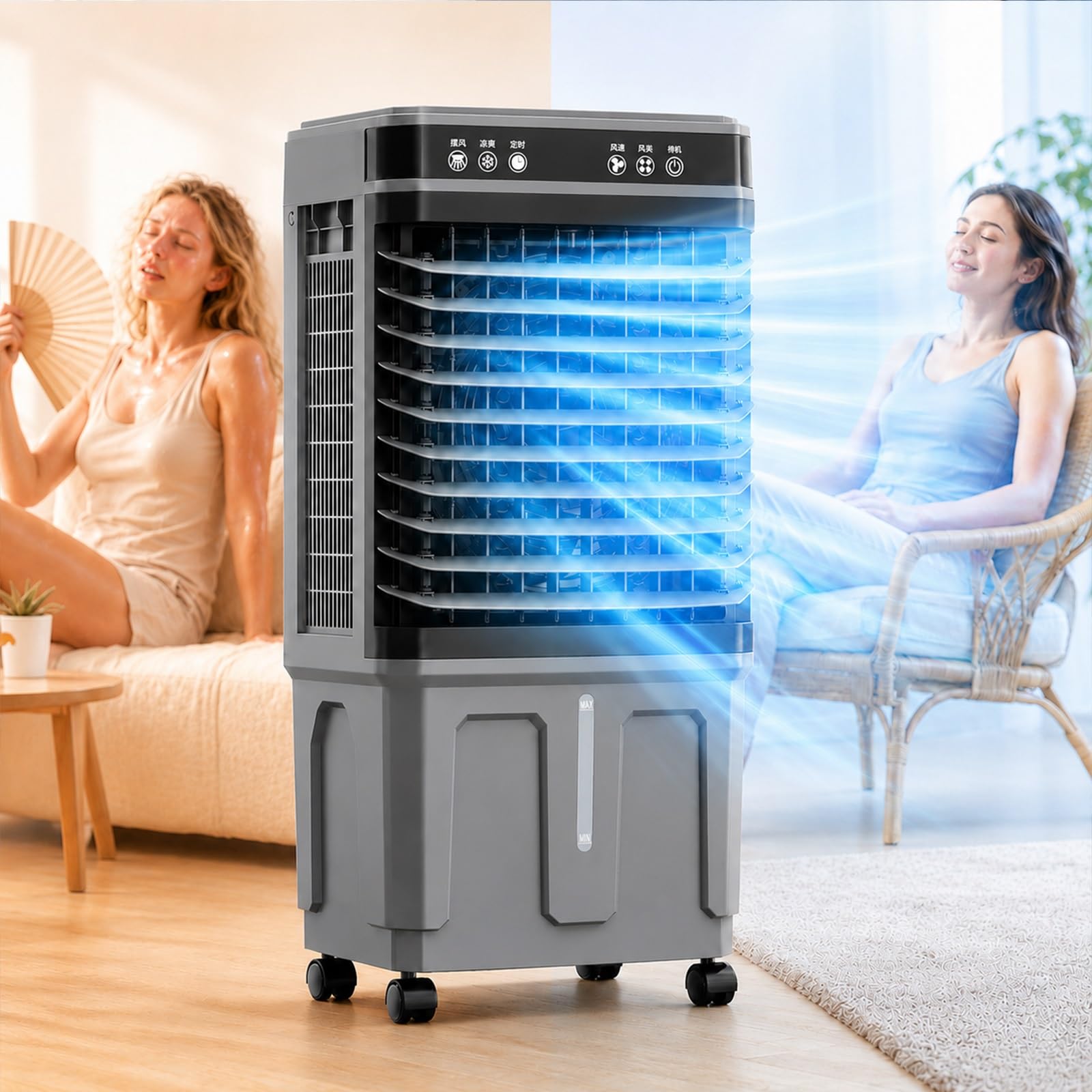 Home Evaporative Air Cooler, Adjustable 3 Airflow Gears, 12 Hour Timer Swamp Cooler with Rolling Casters for Bedroom Apartment Office