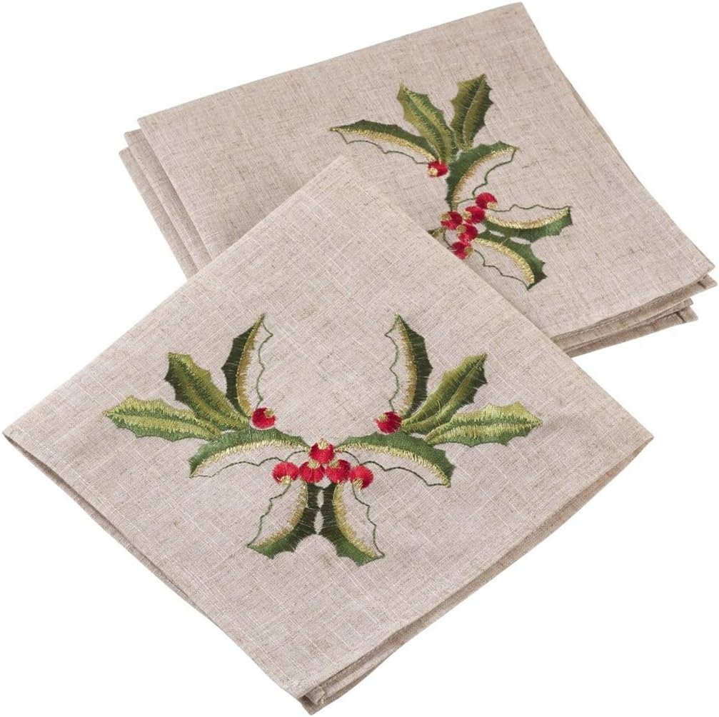 Fennco Styles Embroidered Holly Design Christmas Linen Blend Table Runner 16 x 54 Inch - Natural Table Cover for Home Décor, Banquets, Holiday Gathering and Special Events