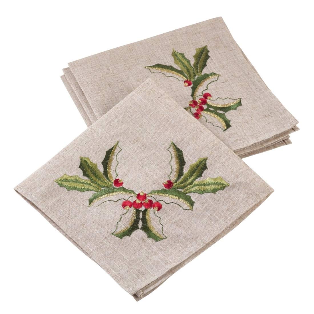 Fennco Styles Embroidered Holly Design Christmas Linen Blend Cloth Napkins 20 x 20 Inch, Set of 4 - Natural Dinner Napkin for Home Décor, Banquets, Holiday Gathering and Special Events
