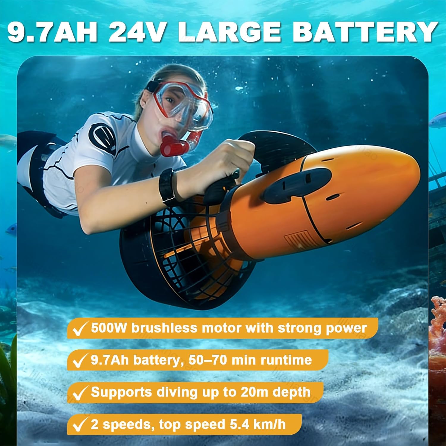 Underwater Scooter for Beginners & Enthusiasts – Electric Sea Scooter with Dual-Speed Control, Safety Grille, Lightweight Design, Great Gift for Snorkeling, Diving & Water Adventures