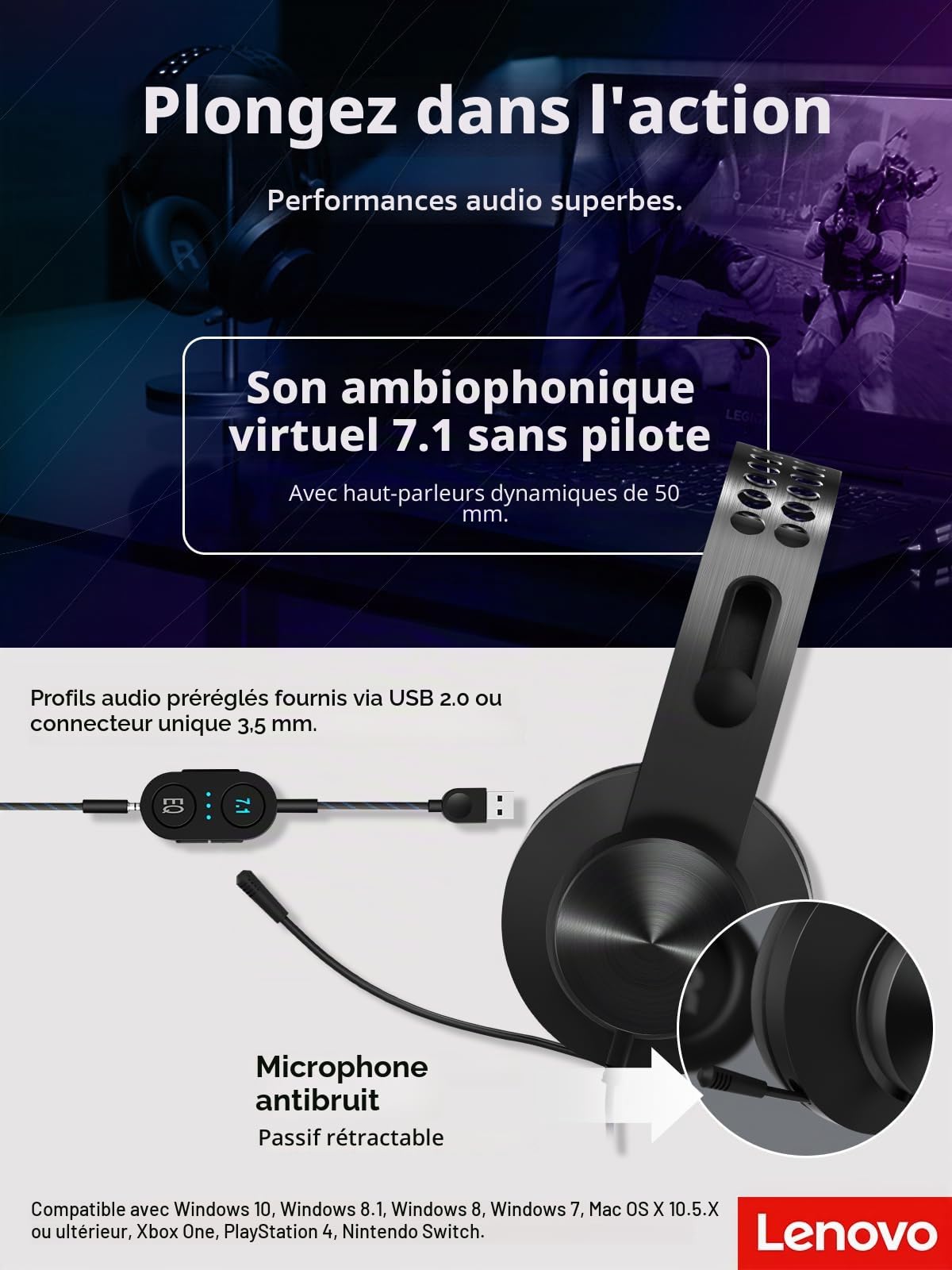 Lenovo Legion H500 Pro Casque Arceau Connecteur de 3,5 mm Gris