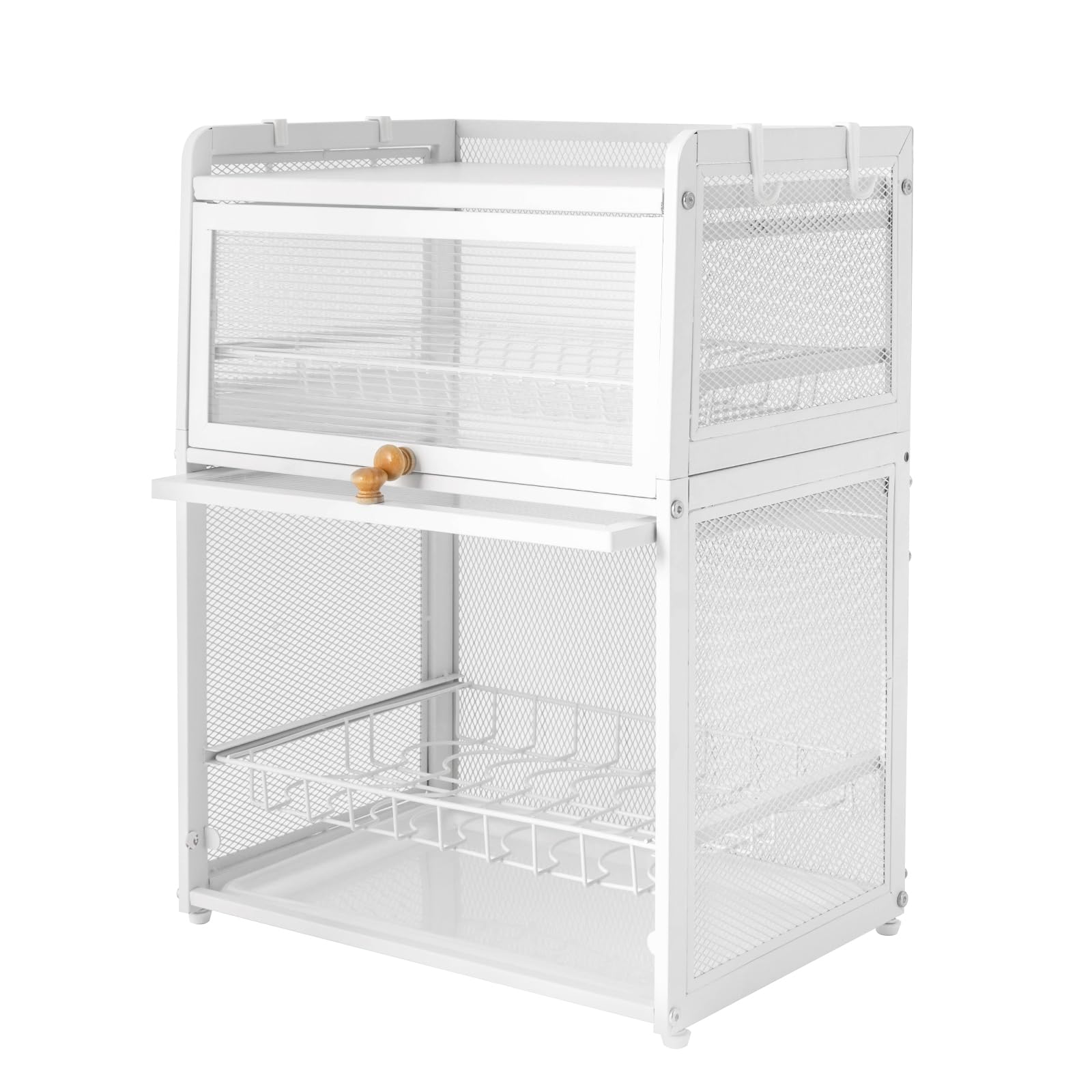 QIUTMER Dish Drying Rack, 3 Tiers Dish Rack for Kitchen Counter, Dish Organizer Cutlery Drainer with Door and Detachable Drip Tray, Modern Free-Standing Storage Box Basket for Bowls, White