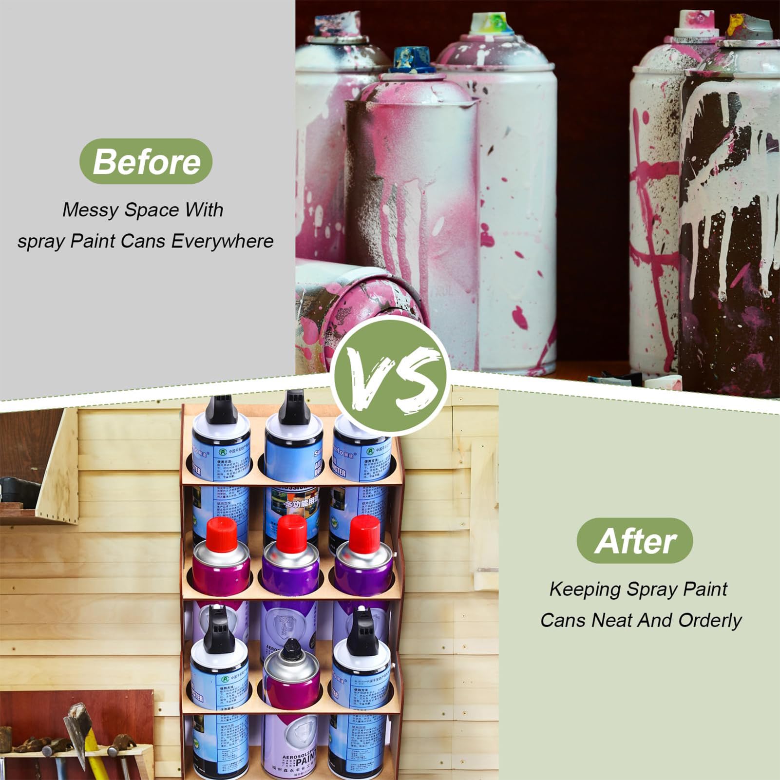 Organizer per bombolette spray – Supporto in legno per aerosol a 3 livelli, organizer per pittura | Pratico accessorio per pittura, modellismo, officina, rimorchio, , studio
